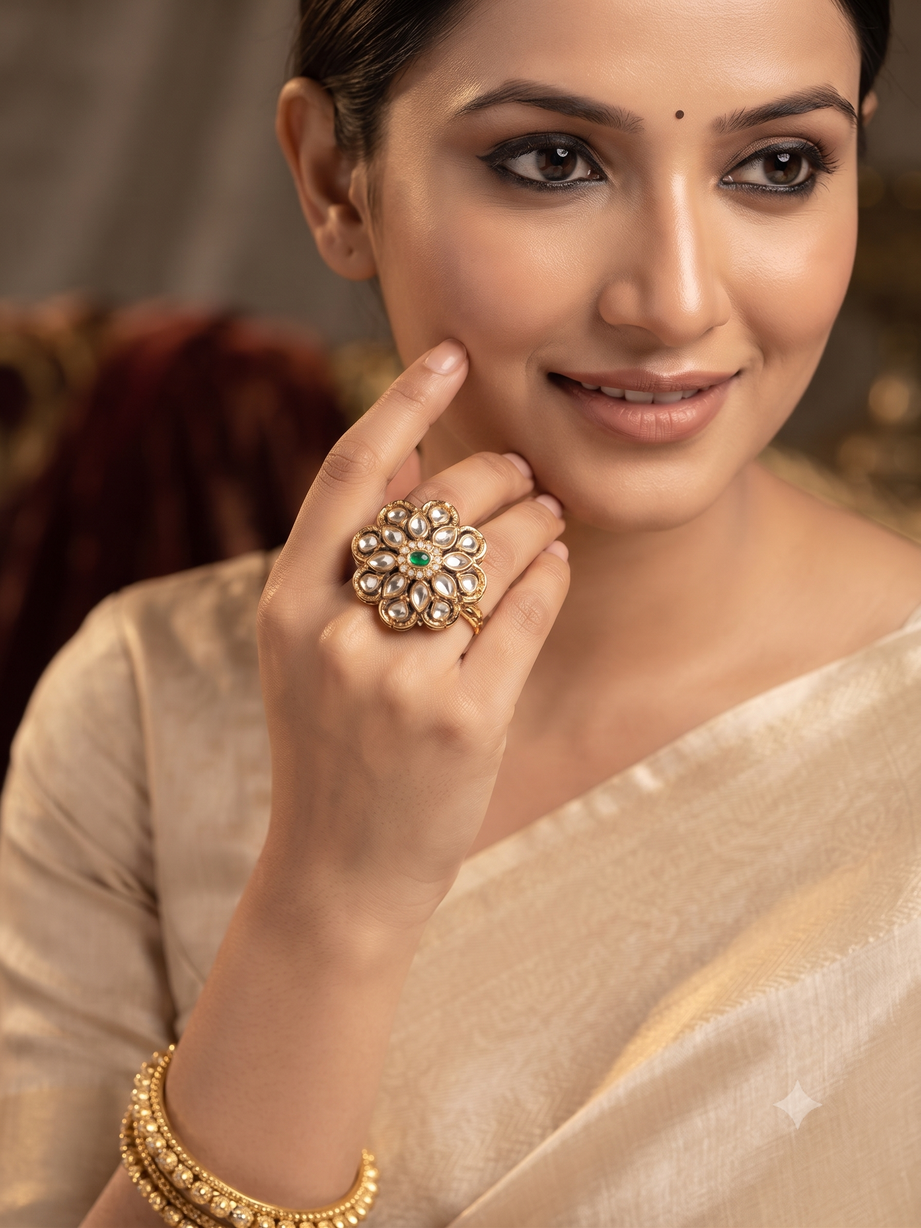 LYRA Emerald Kundan Floral adjustable Ring