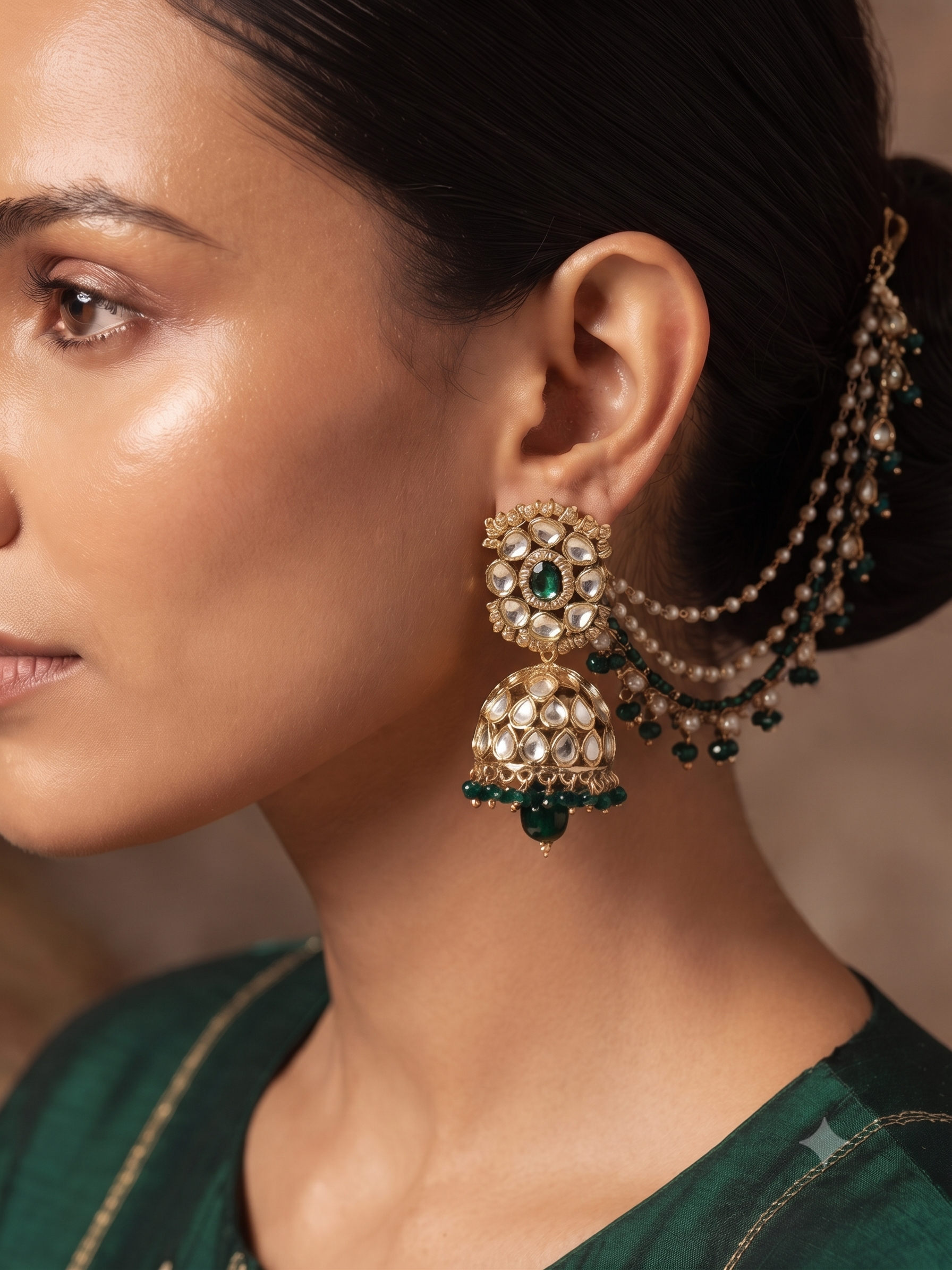 Dew Kundan Jhumka with Kaan Chain