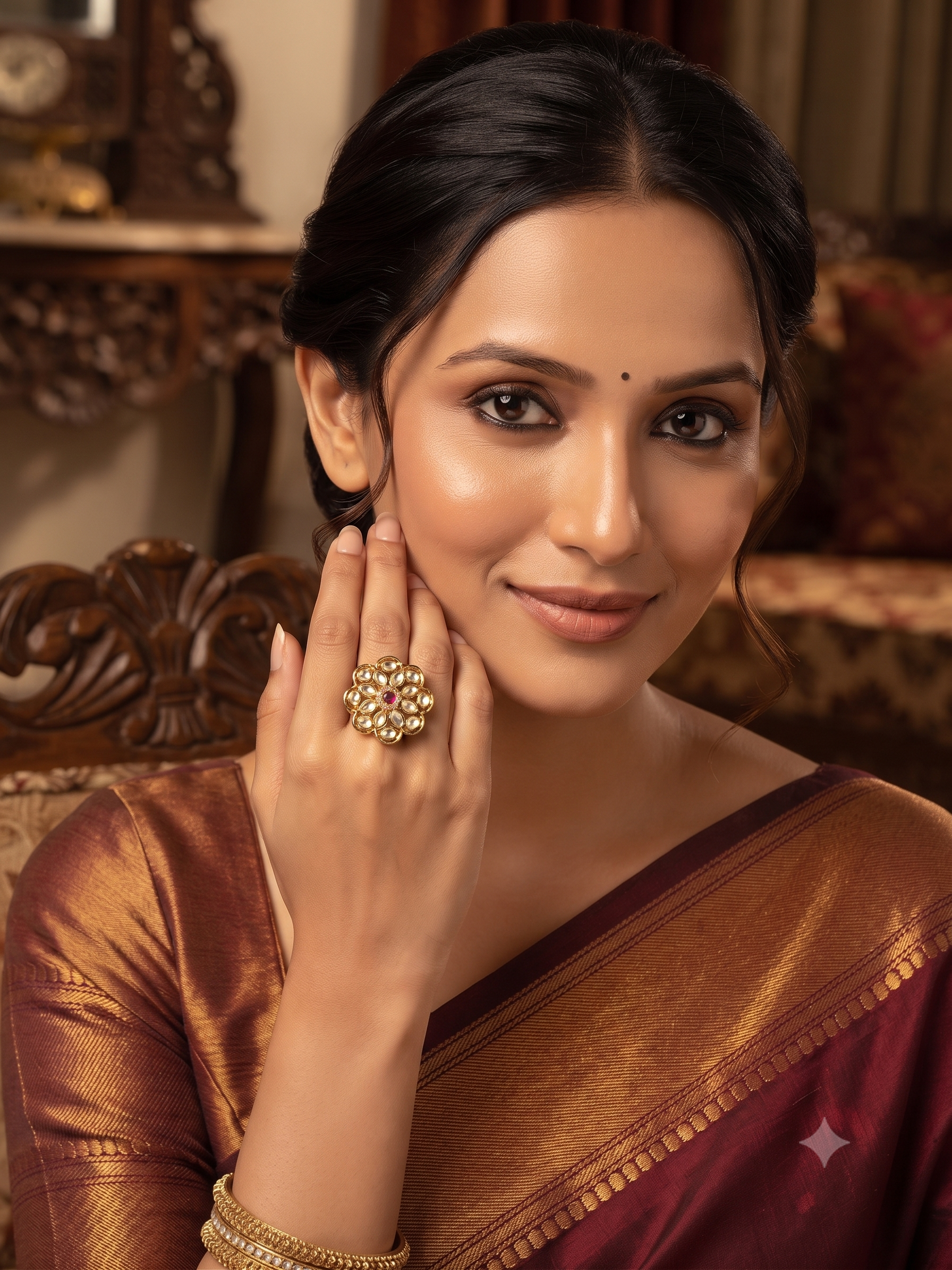 LYRA Emerald Kundan Floral adjustable Ring