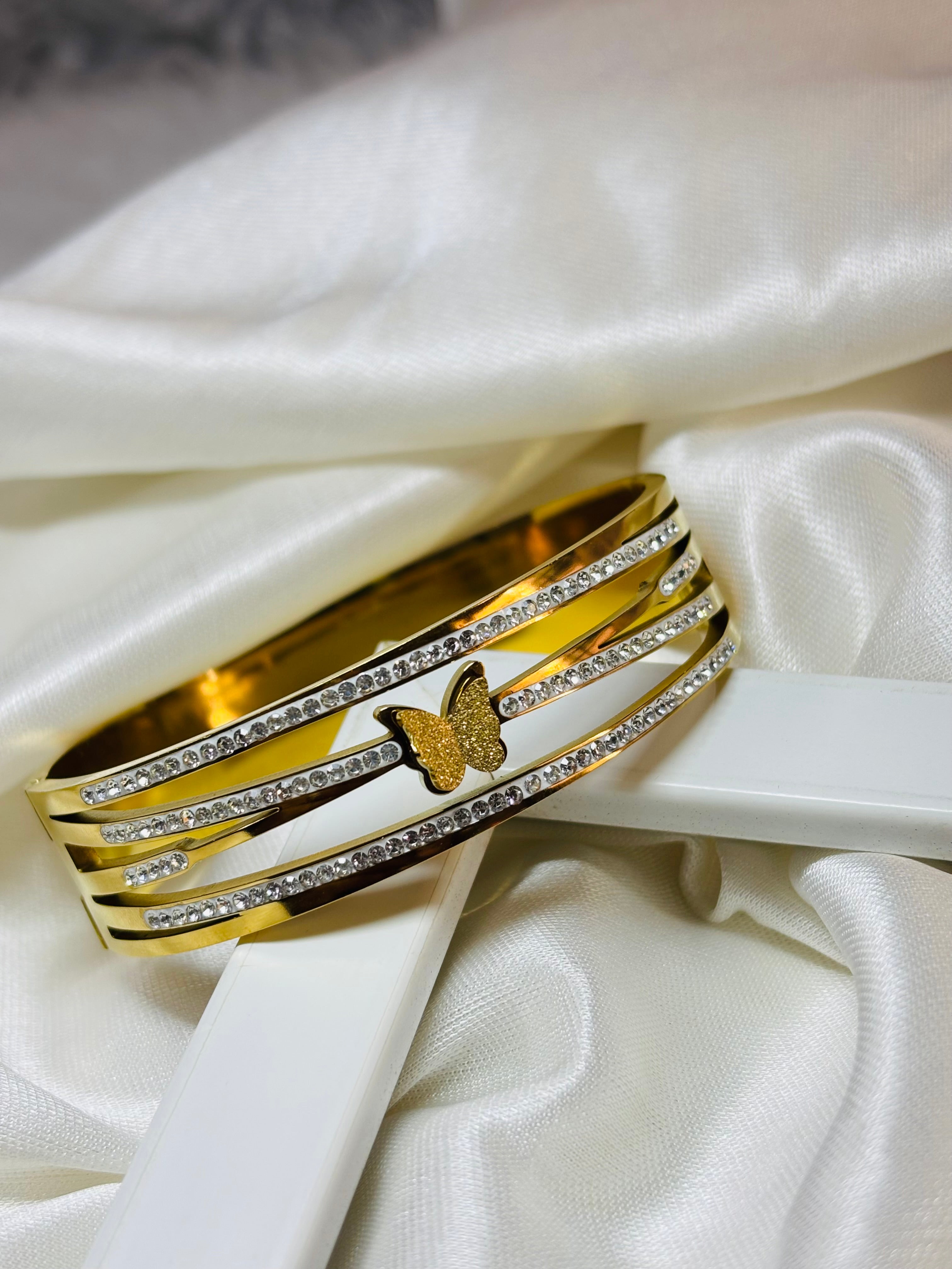 Anti-Tarnish Gold Butterfly Cuff Bangle with Crystal Accents | Stainless Steel