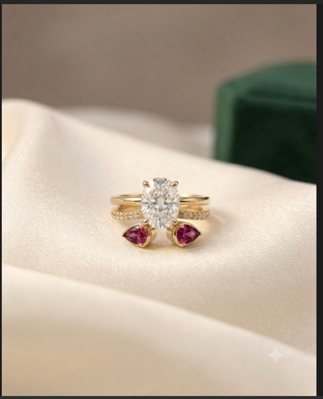 Gold Oval Solitaire Stackable Ring Set with Ruby Pink, green and white Stones