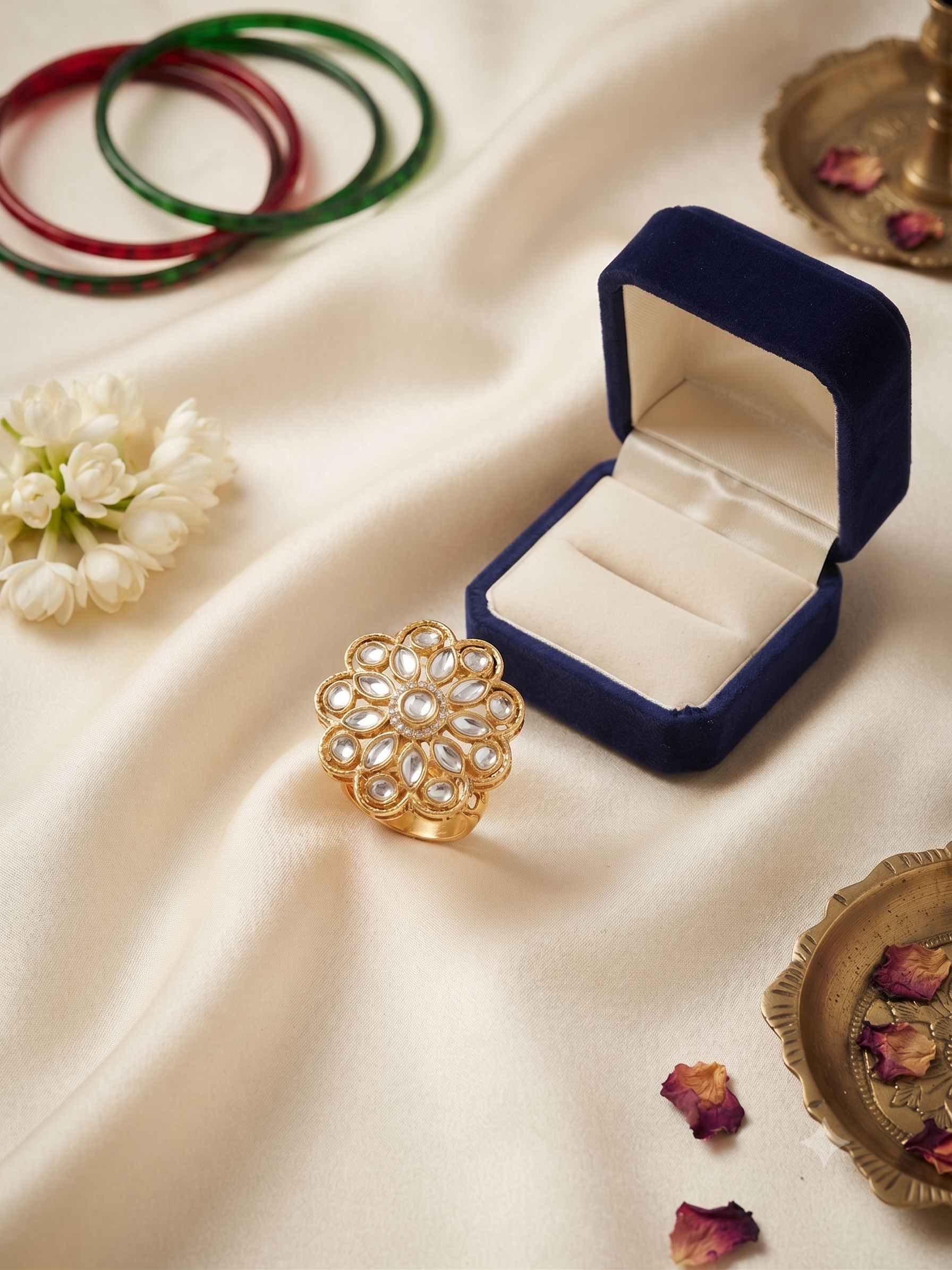 LYRA Emerald Kundan Floral adjustable Ring