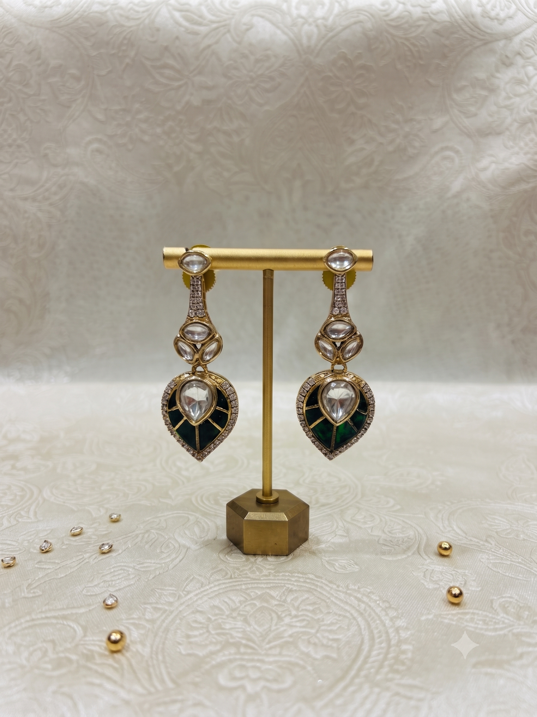 Emerald Leaf Kundan Danglers