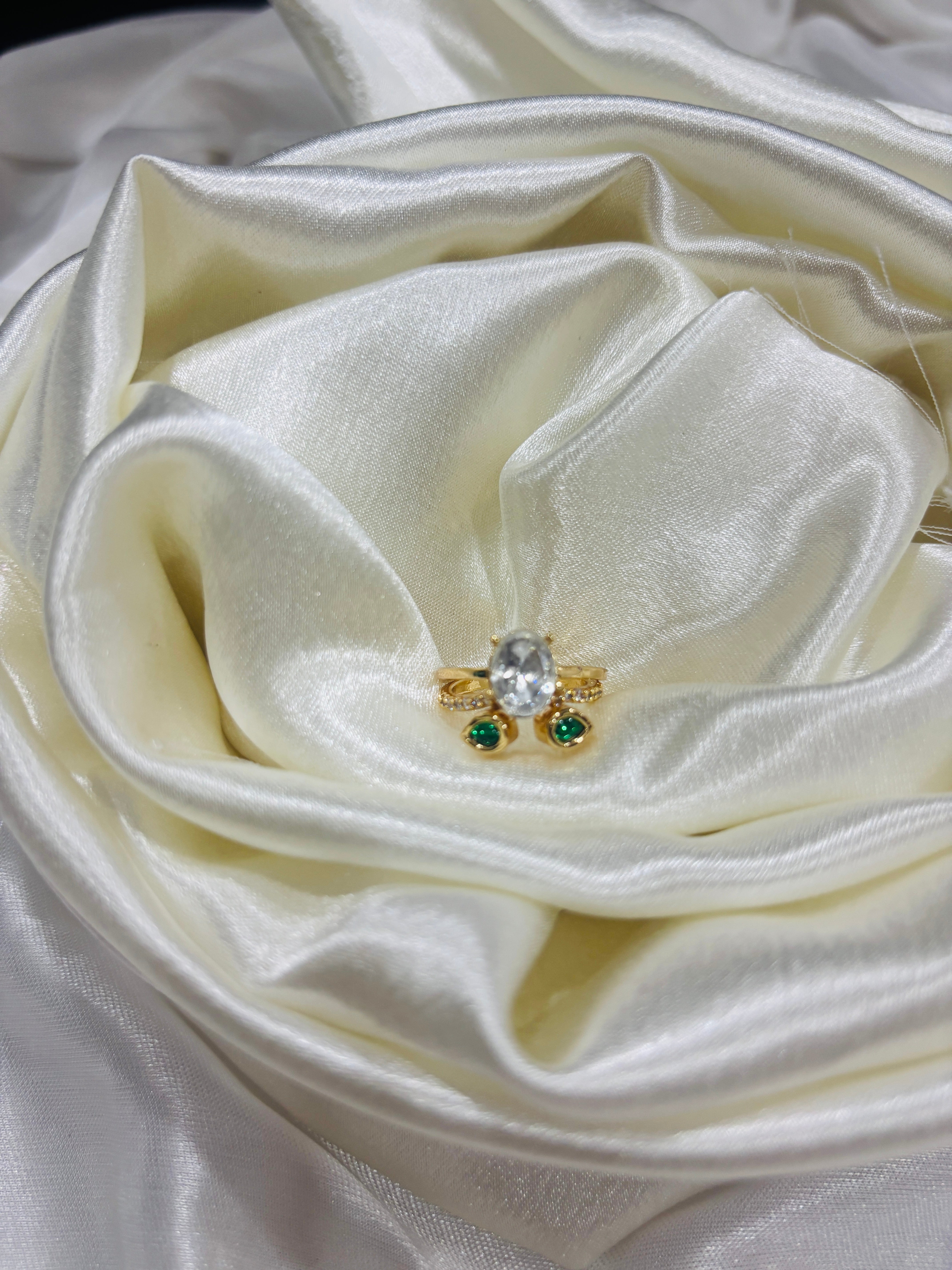 Gold Oval Solitaire Stackable Ring Set with Ruby Pink, green and white Stones