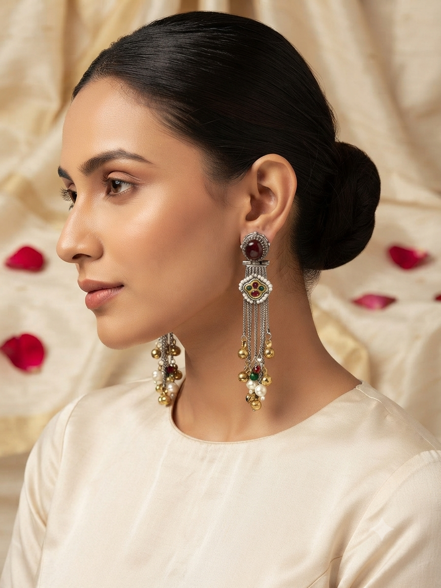 Raatraani Dual-Tone Tassel Jhumka Earrings