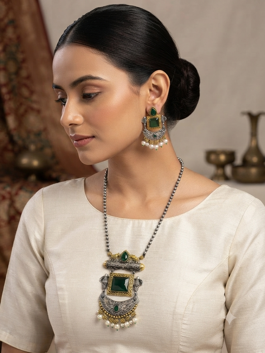Zaira Emerald Dual-Tone Long Necklace Set