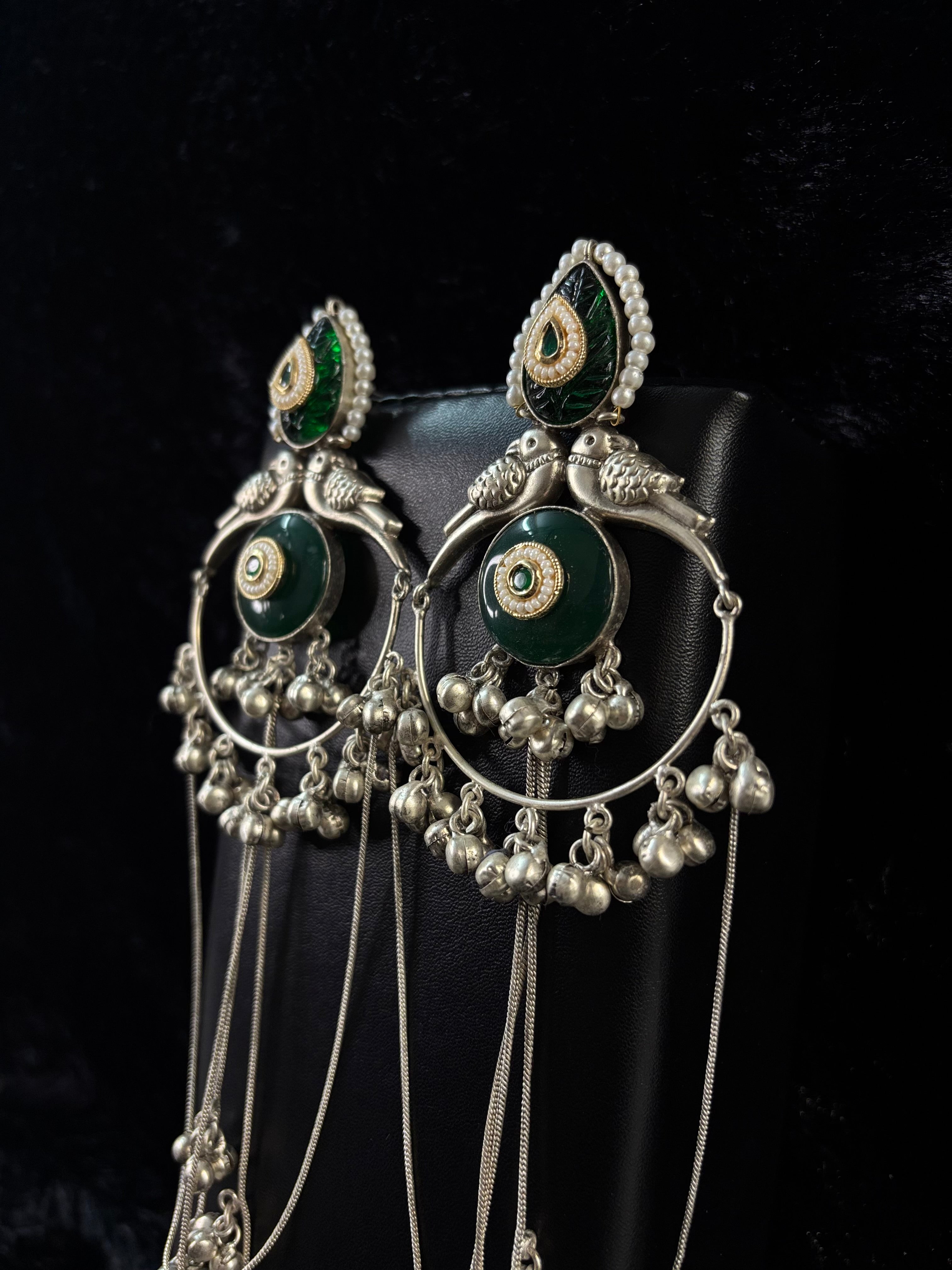 Antique Silver Green Enamel Bird Motif Long Jhumka Earrings