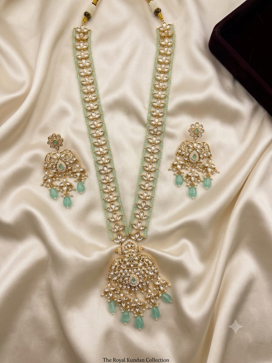 Royal Mint Green Kundan Long Necklace with Earrings