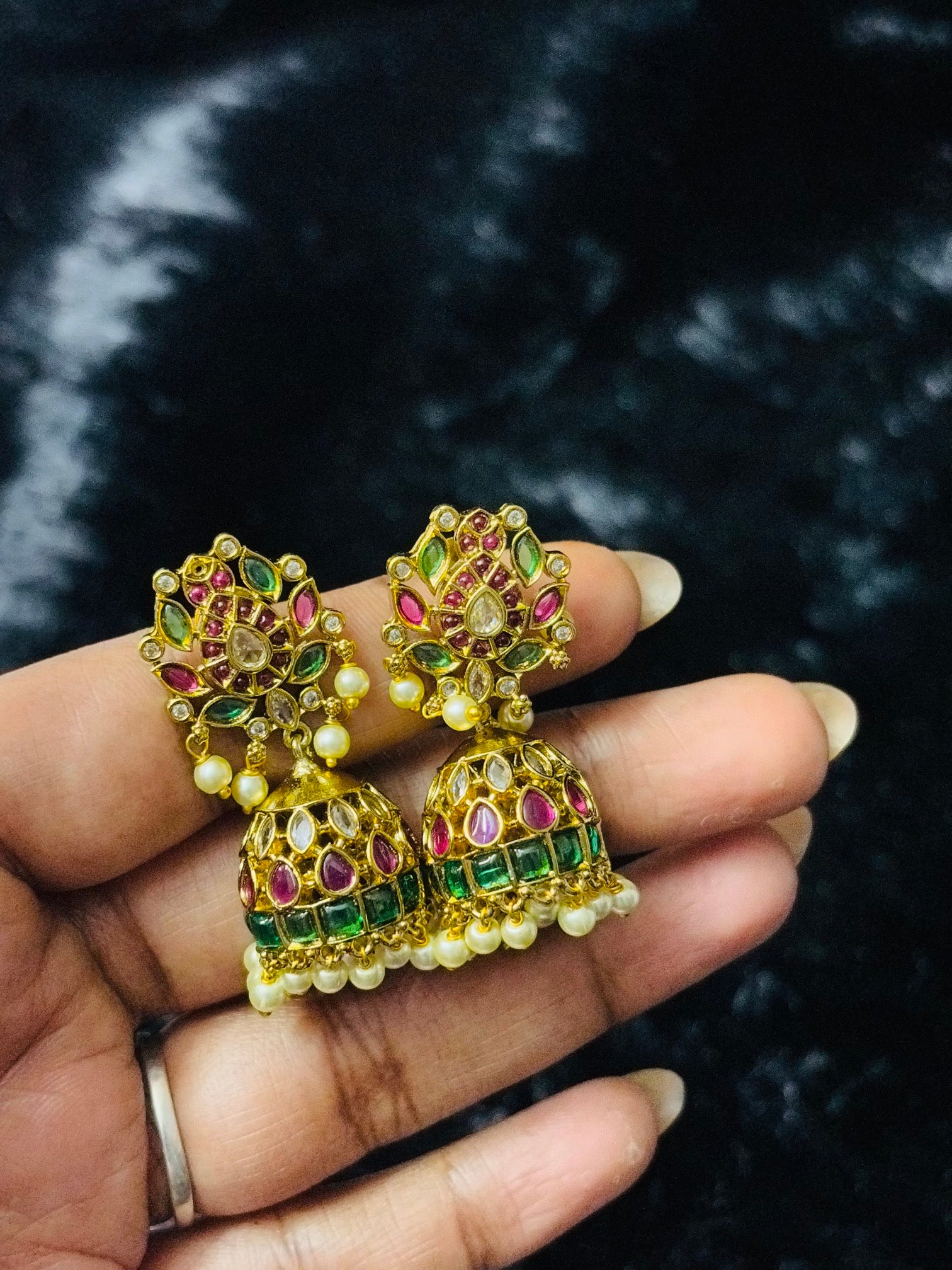 Gold‑Plated Ruby & Emerald Jhumka Earrings with Pearl Trim – Traditional Indian Festive Earrings