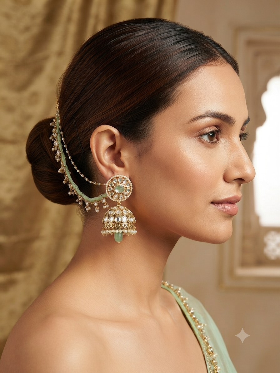 Dew Kundan Jhumka with Kaan Chain