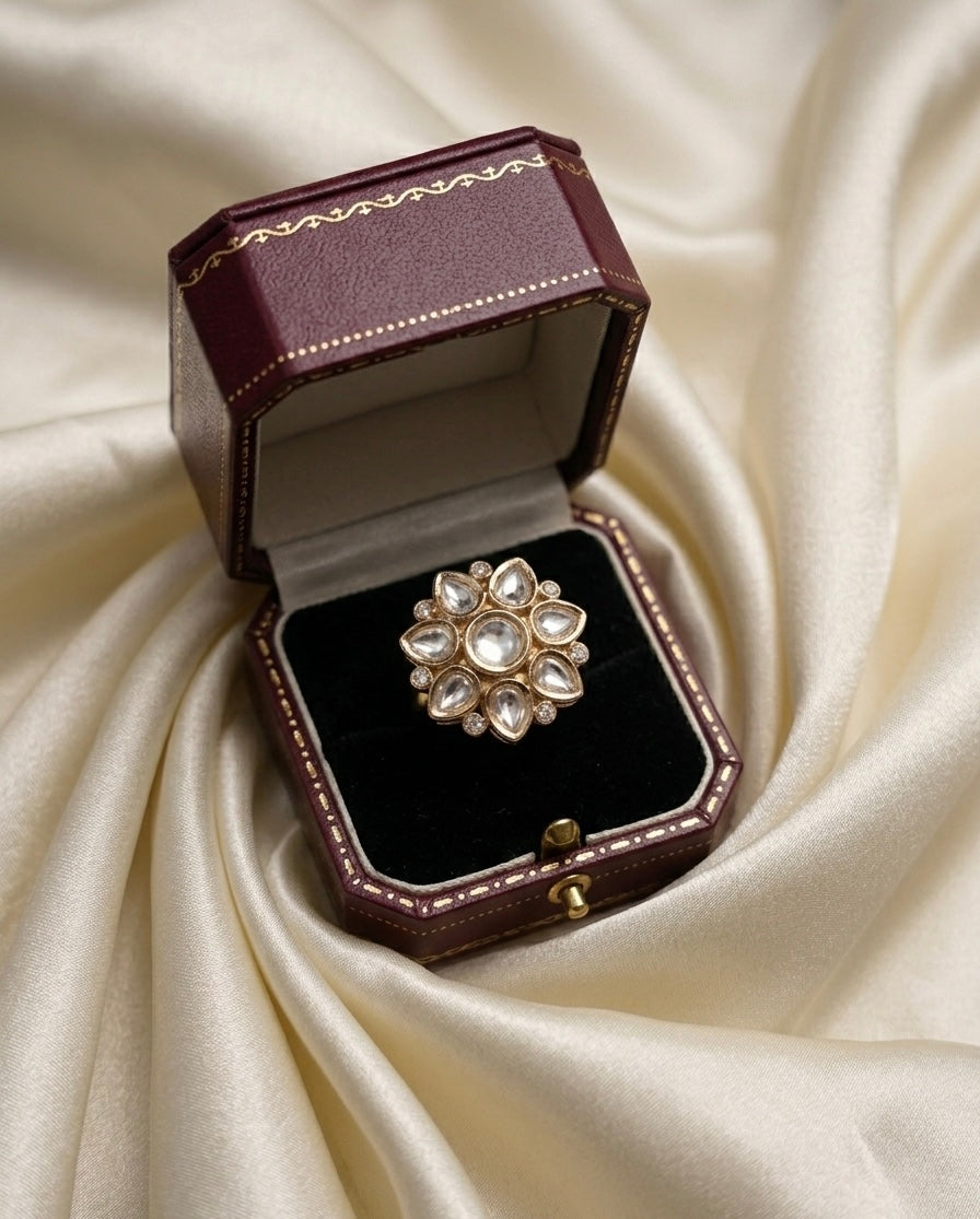 Floral Kundan Statement Adjustable Ring