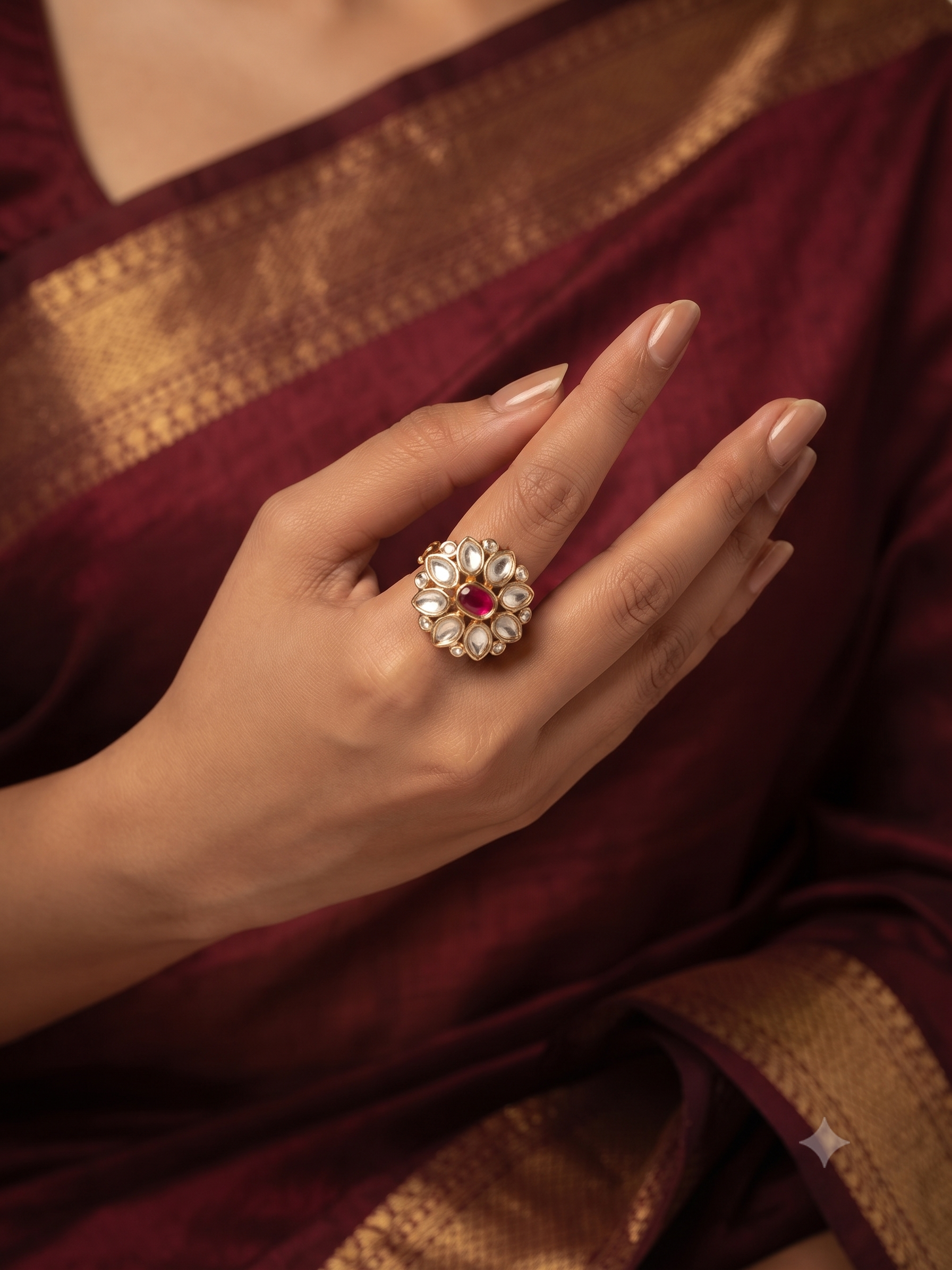 Floral Kundan Statement Adjustable Ring