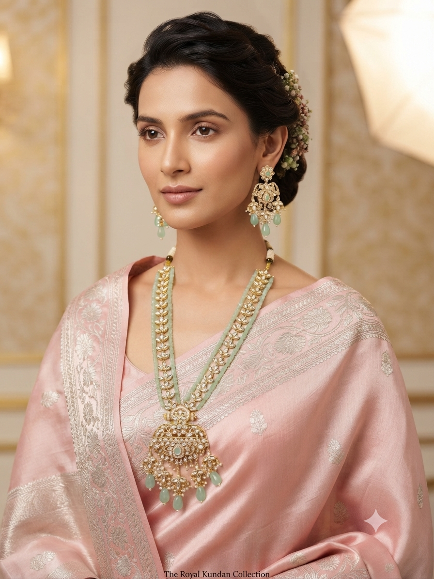 Royal Mint Green Kundan Long Necklace with Earrings