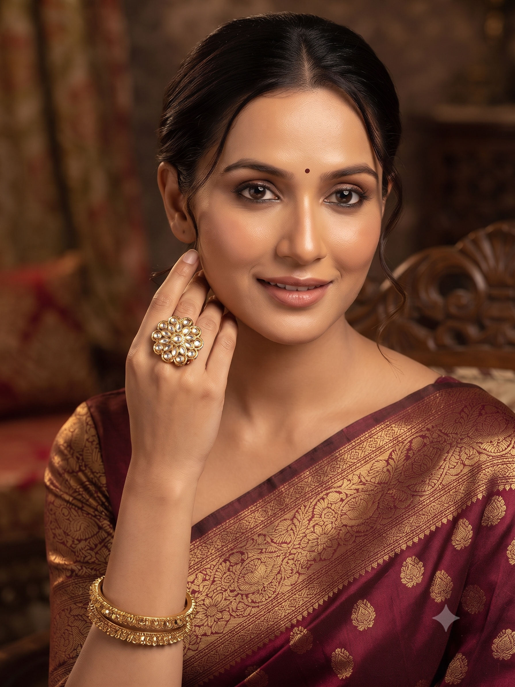 LYRA Emerald Kundan Floral adjustable Ring
