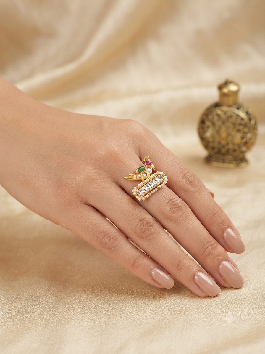 Mayura Bird Kundan Statement Adjustable Ring