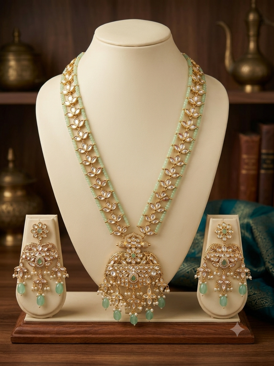 Royal Mint Green Kundan Long Necklace with Earrings