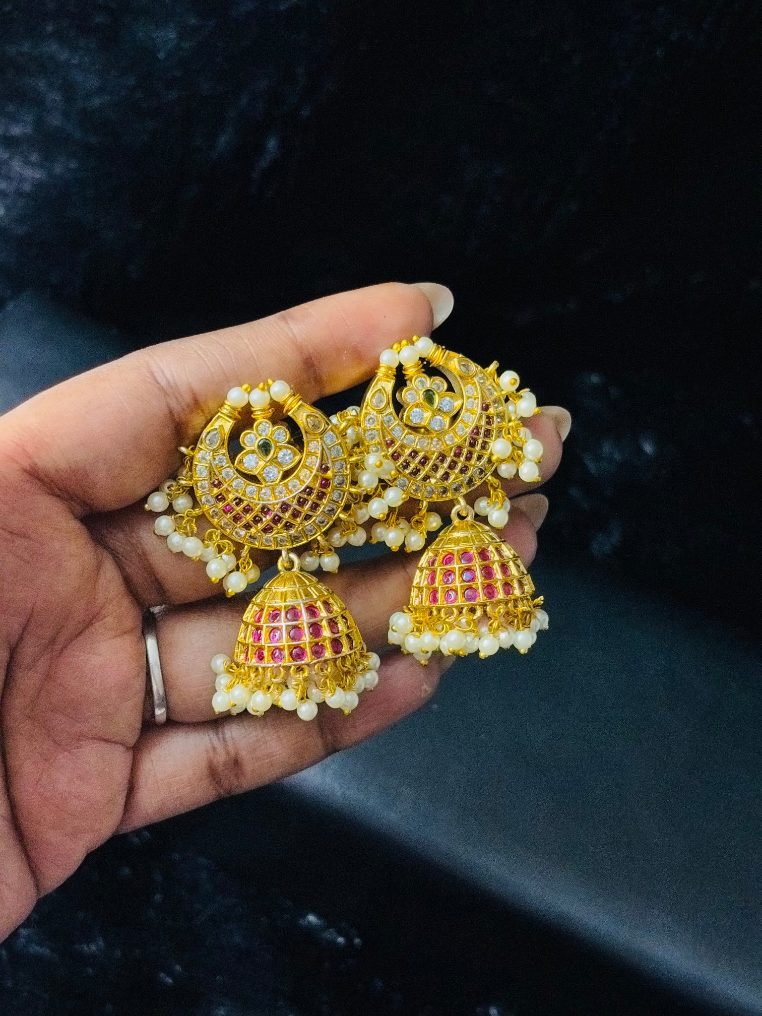 Elegant Gold‑Tone Jhumka Earrings with Pearl & Stone Accents