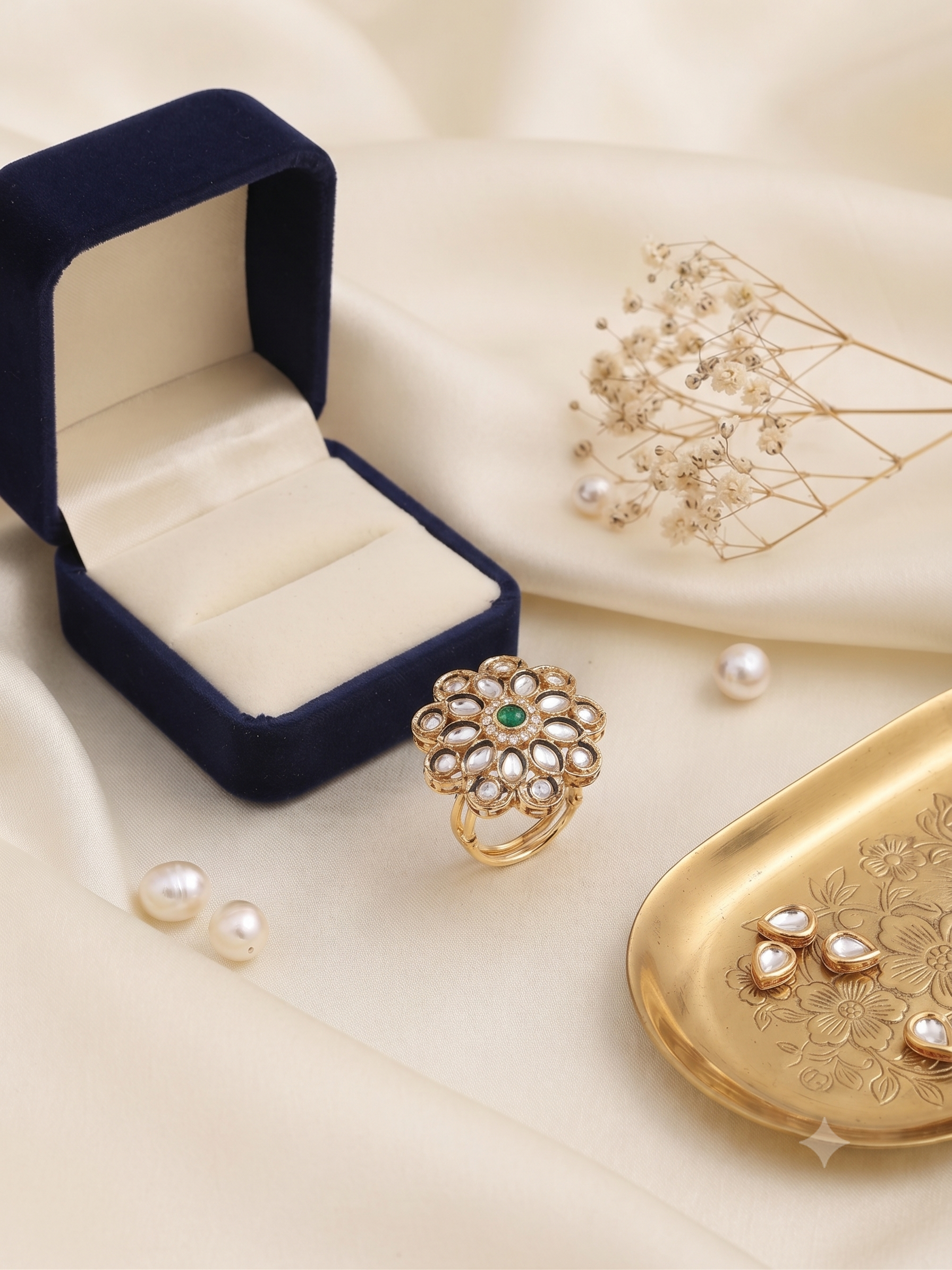 LYRA Emerald Kundan Floral adjustable Ring
