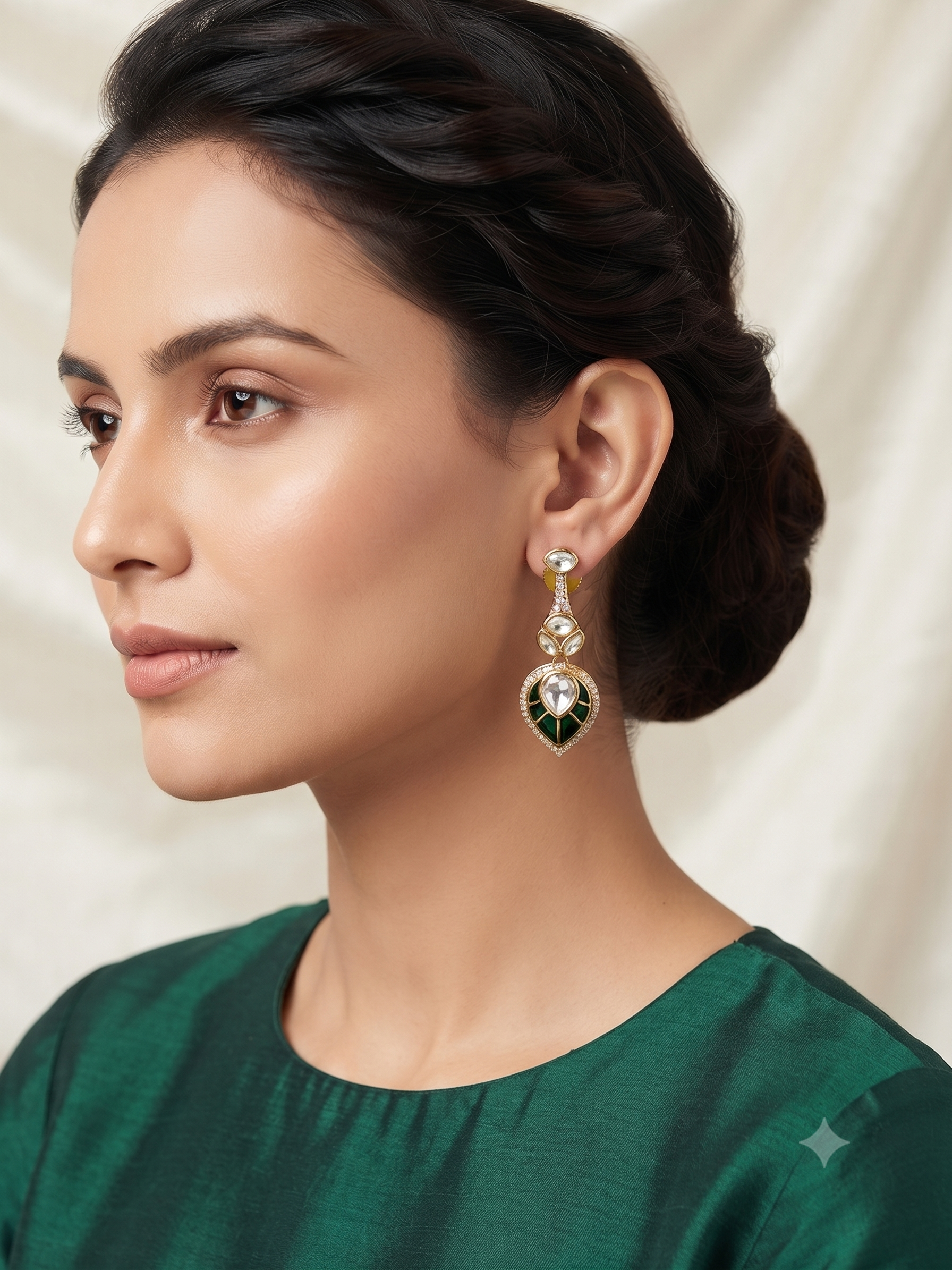 Emerald Leaf Kundan Danglers