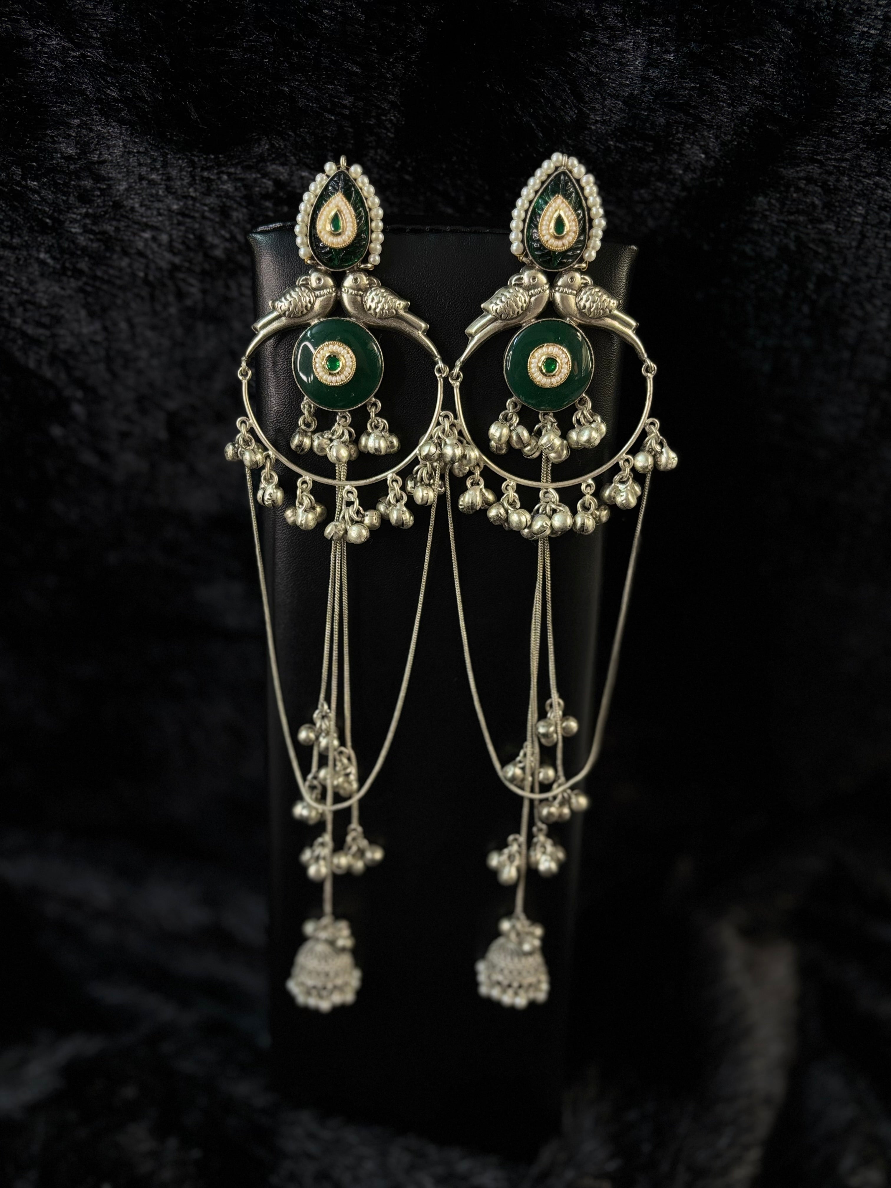 Antique Silver Green Enamel Bird Motif Long Jhumka Earrings
