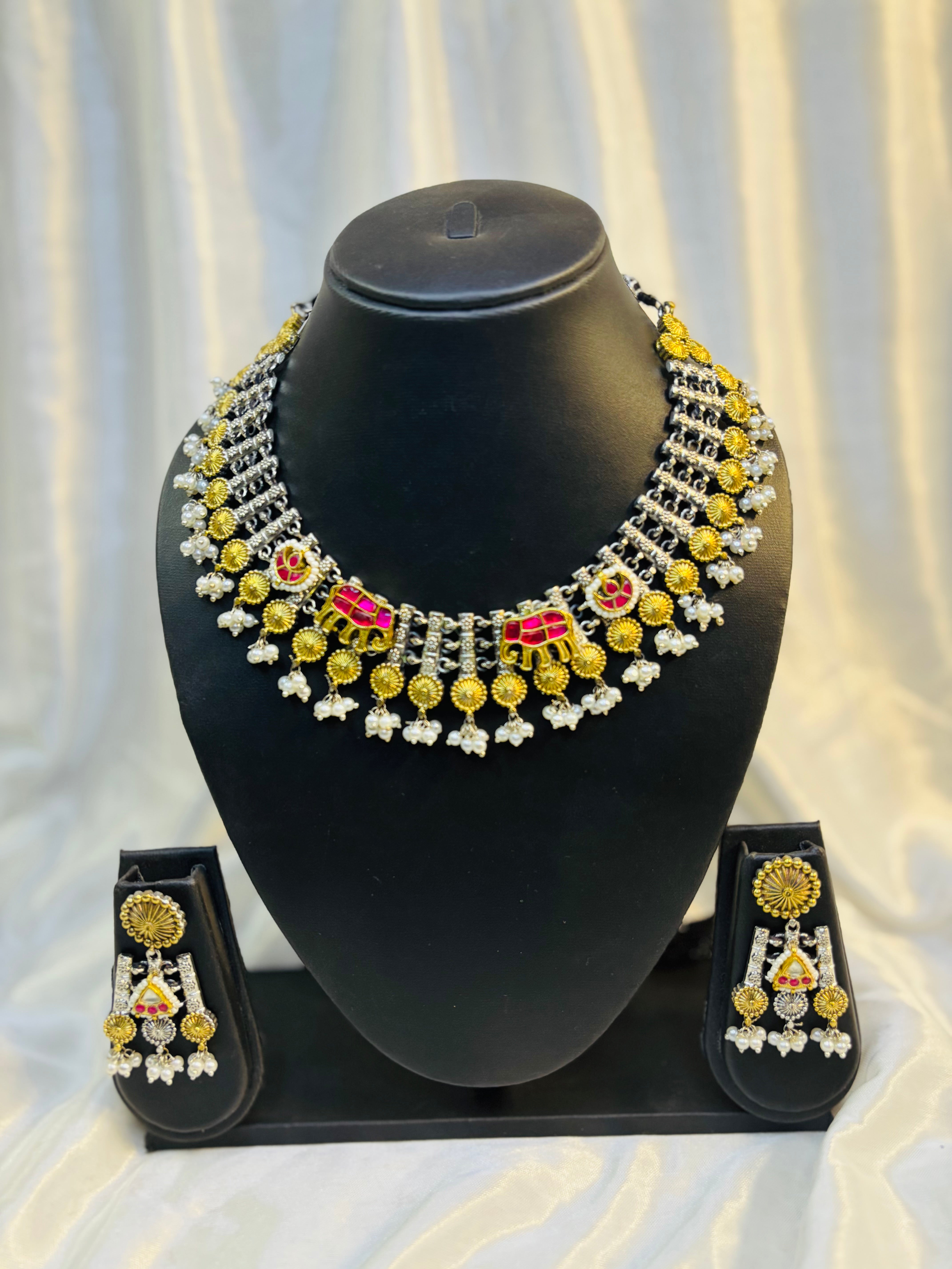 Silver Elephant Motif Pink Stone Necklace & Earring Set with Pearls