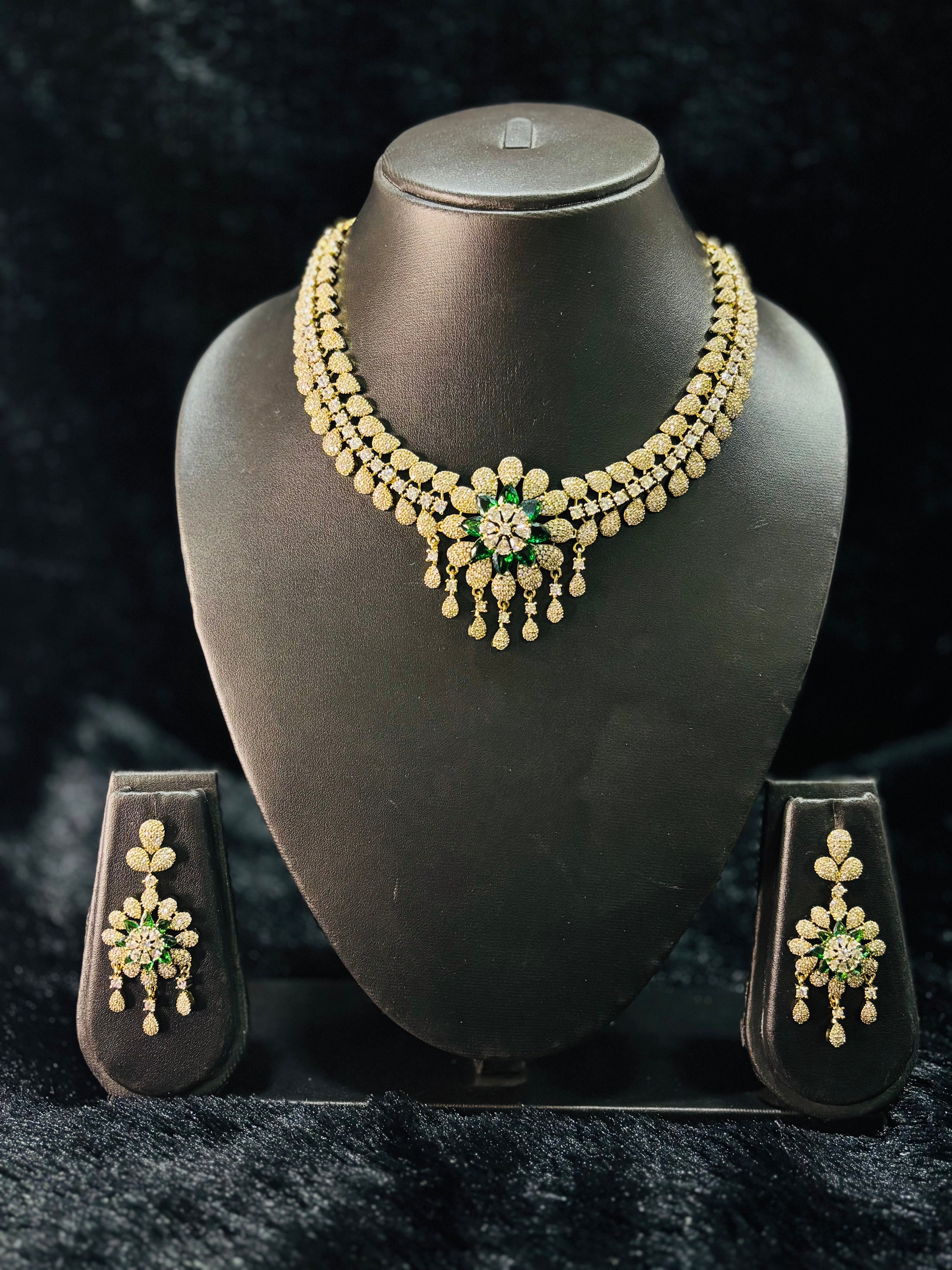 Royal Emerald Green & Gold Floral Choker Necklace Set with Earrings