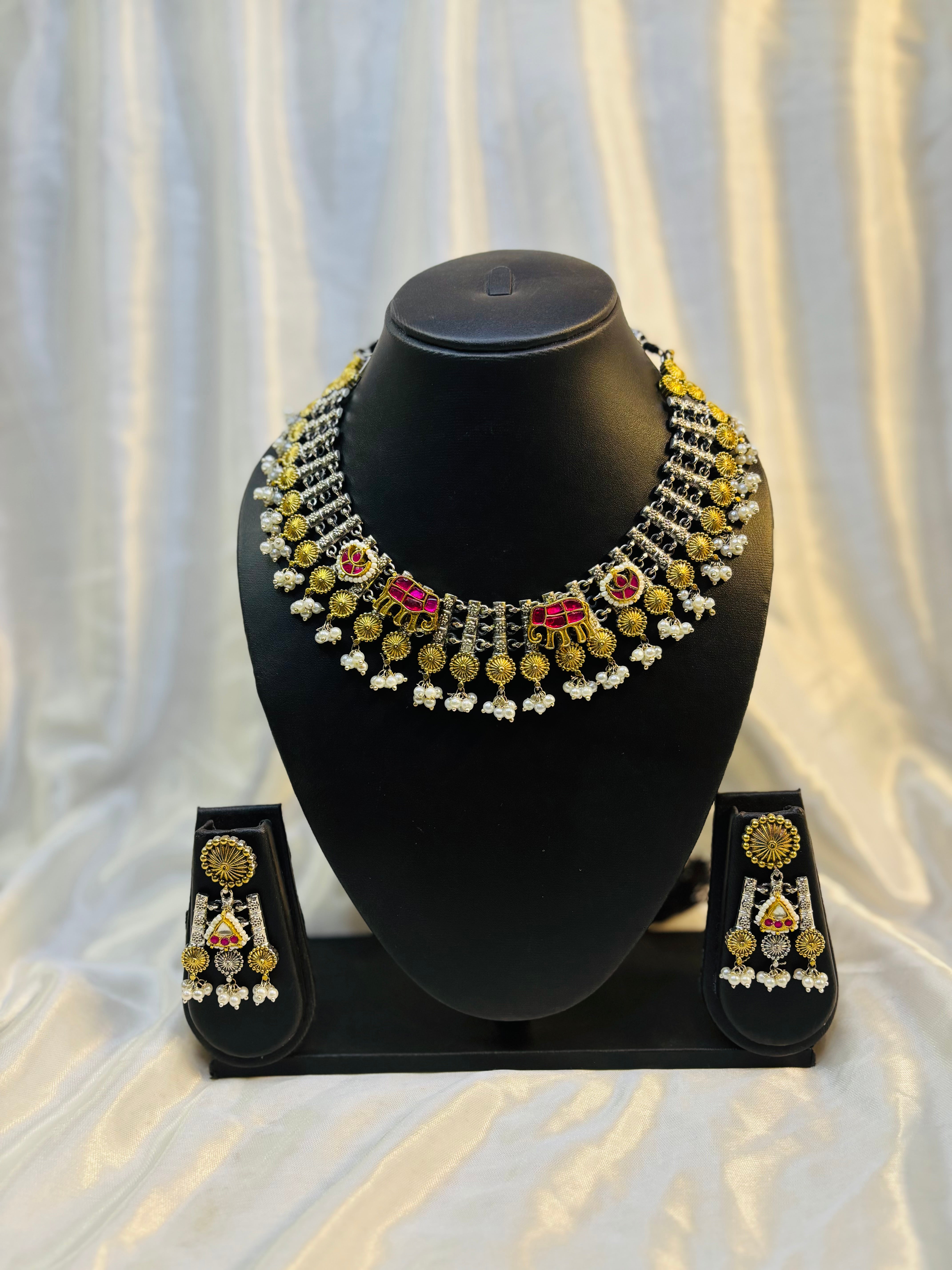 Silver Elephant Motif Pink Stone Necklace & Earring Set with Pearls