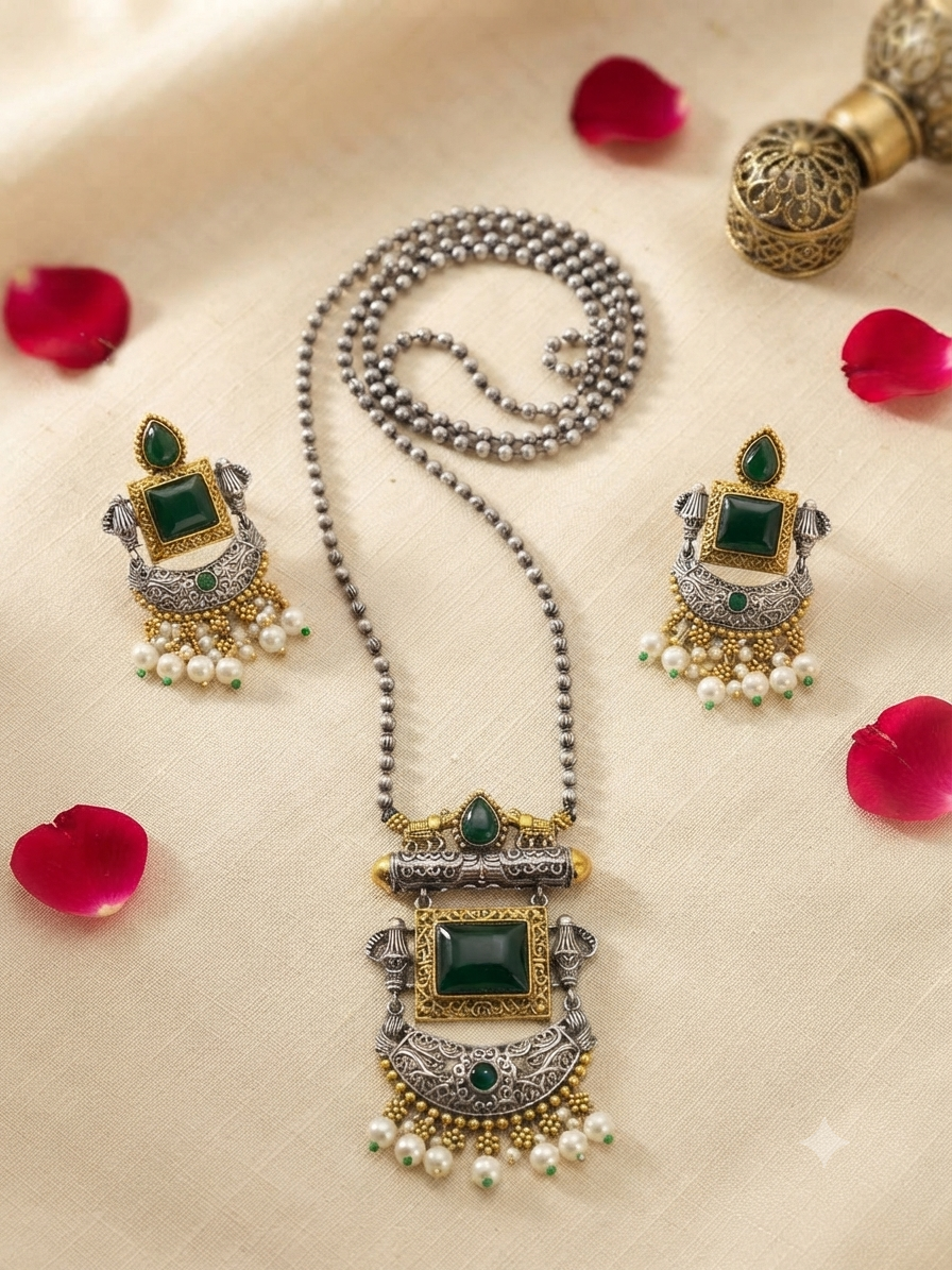 Zaira Emerald Dual-Tone Long Necklace Set