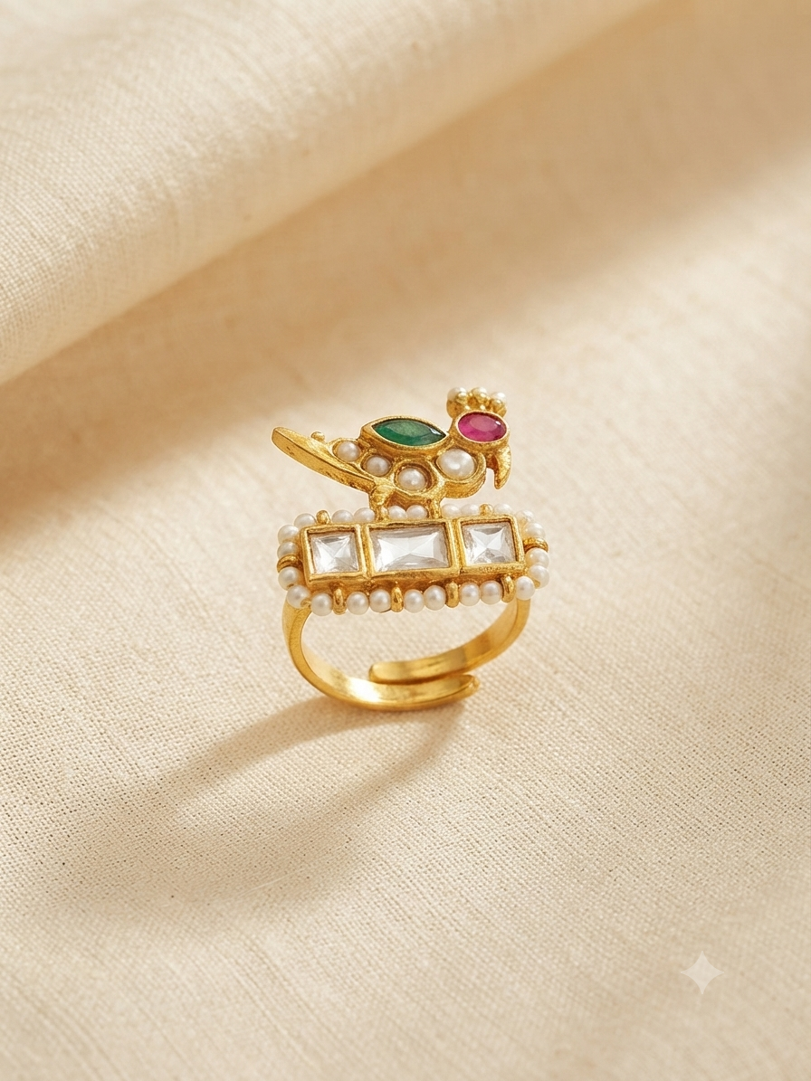 Mayura Bird Kundan Statement Adjustable Ring