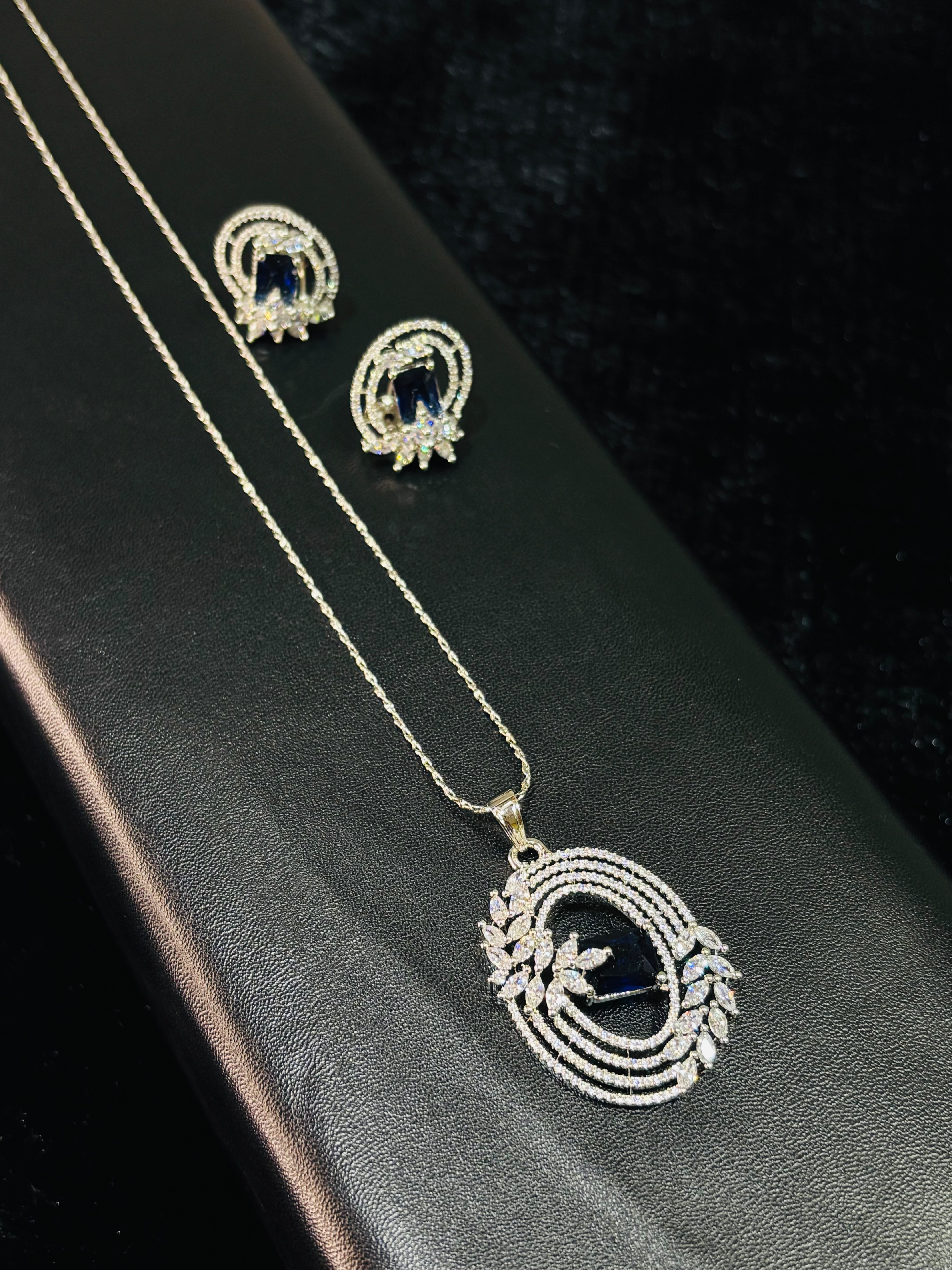 Oval Sapphire Blue Pendant & Earrings Set | Silver Diamond Finish