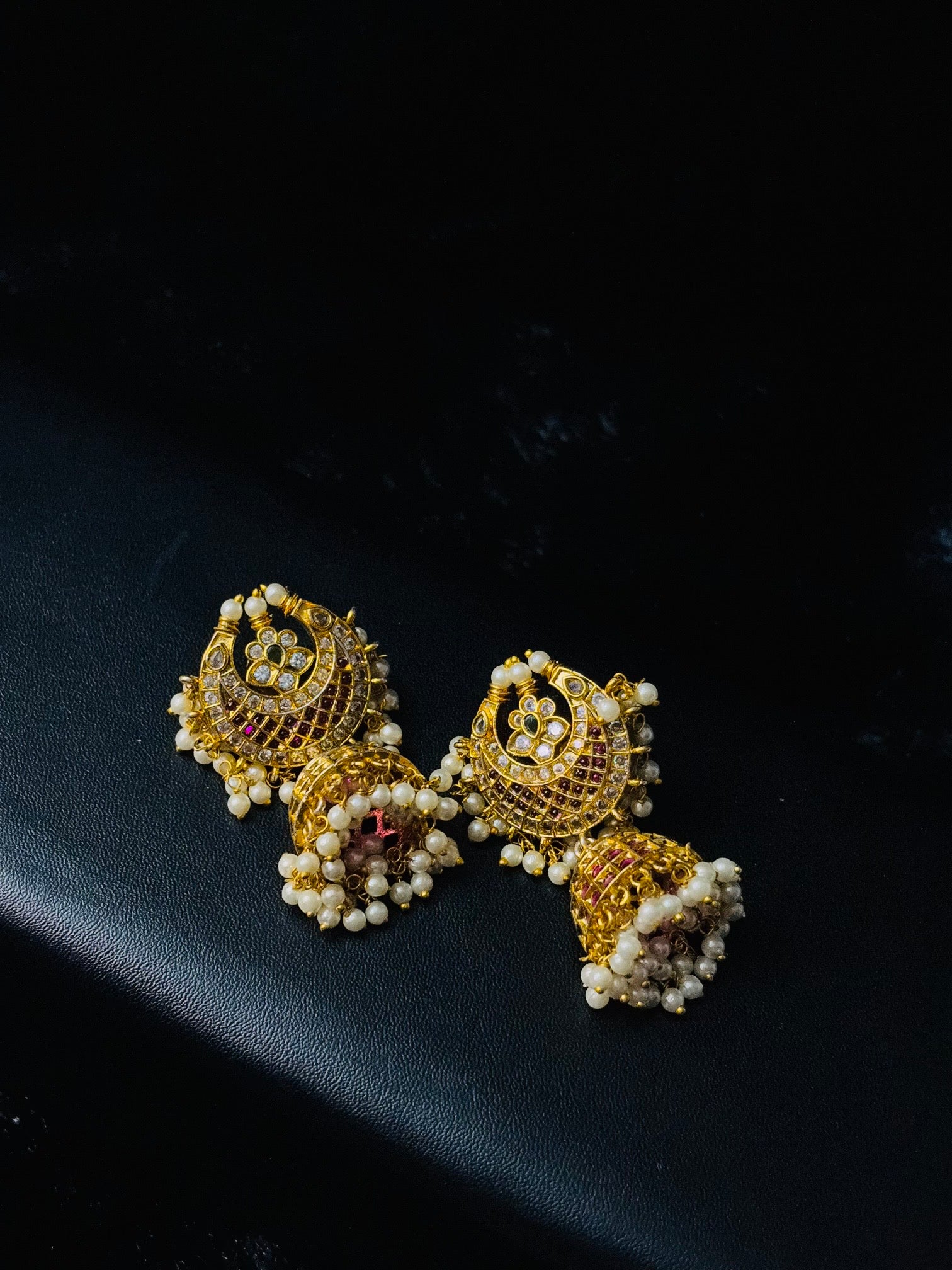 Elegant Gold‑Tone Jhumka Earrings with Pearl & Stone Accents