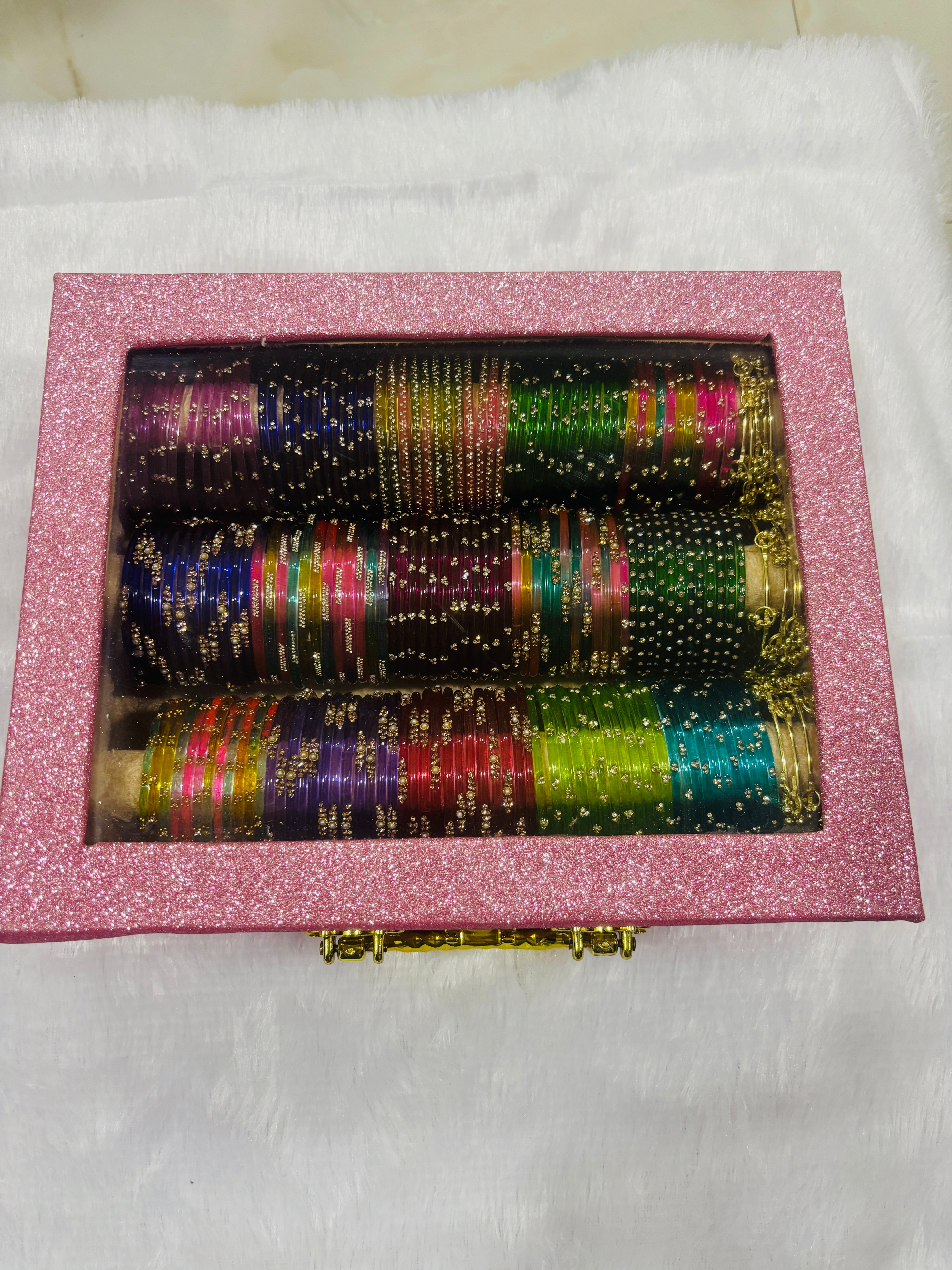 Multicolor Glass Bangle Set in Pink Glitter Bangle Box