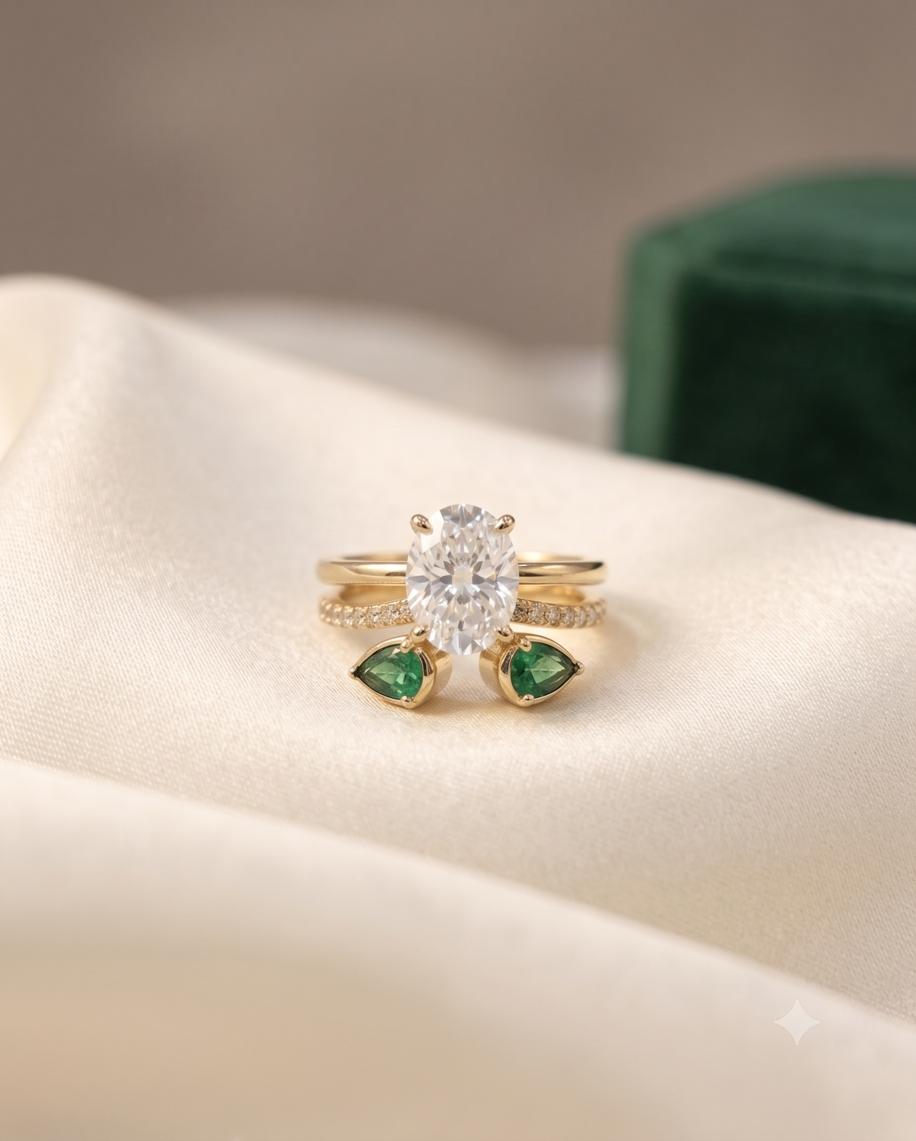 Gold Oval Solitaire Stackable Ring Set with Ruby Pink, green and white Stones