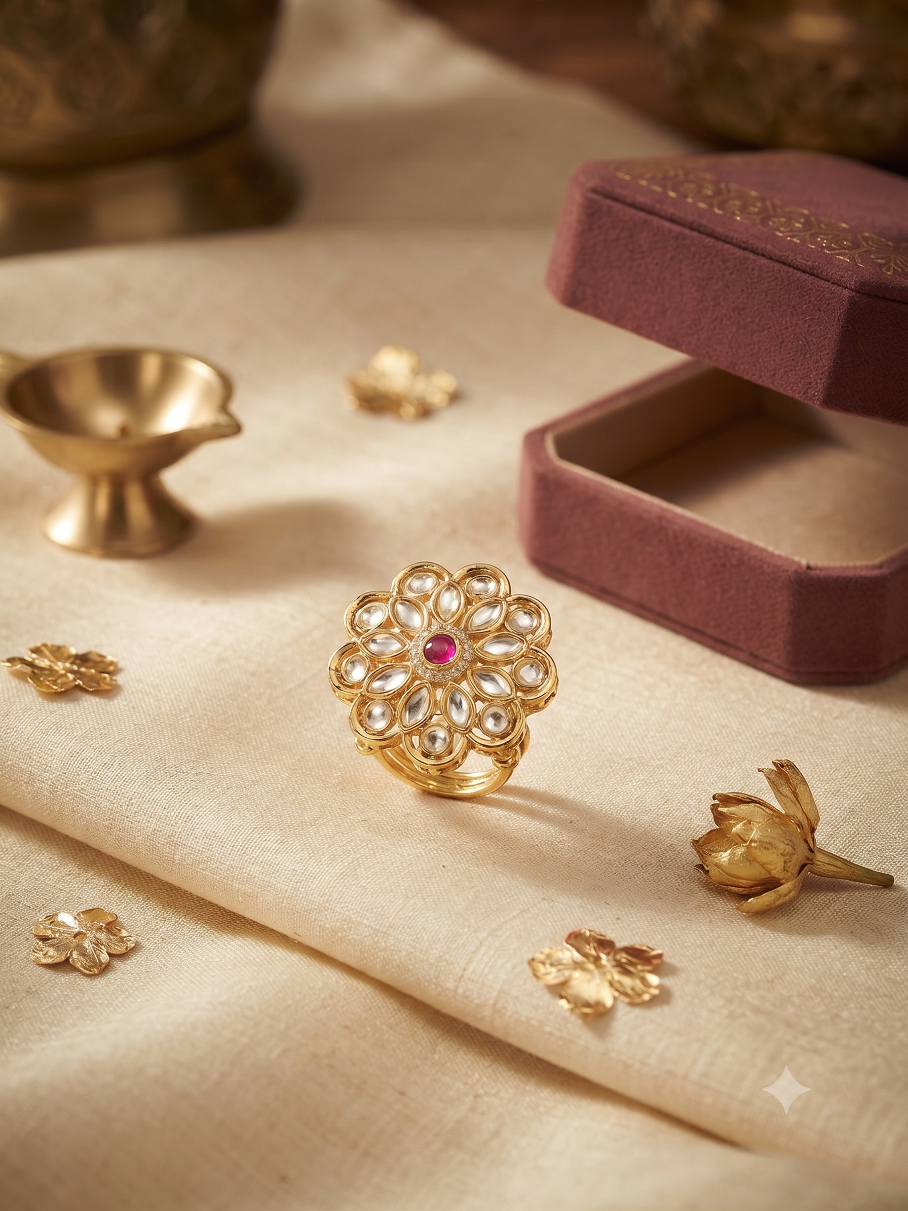 LYRA Emerald Kundan Floral adjustable Ring