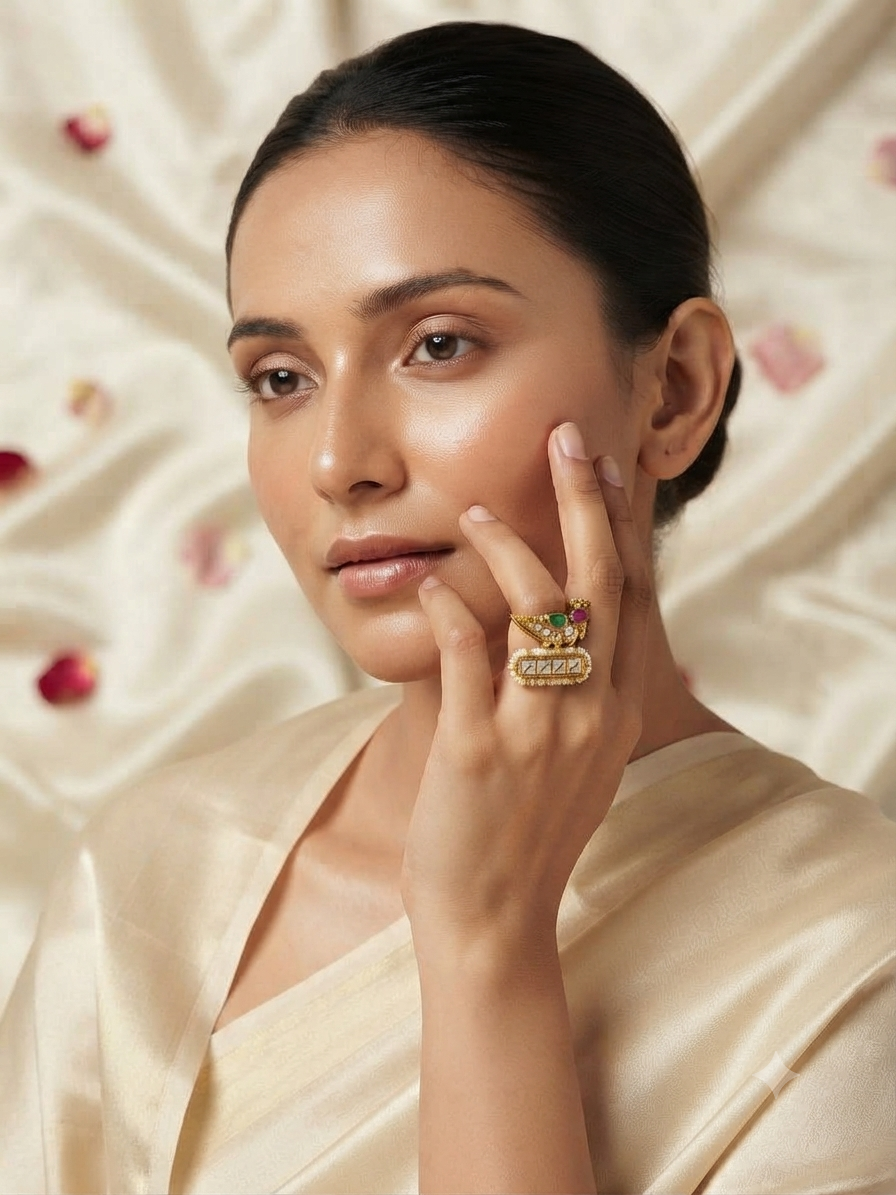 Mayura Bird Kundan Statement Adjustable Ring