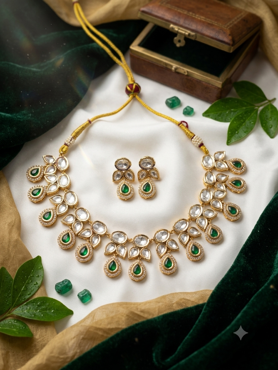 AEVA Pear Drop Polki Choker Necklace & Earrings Set