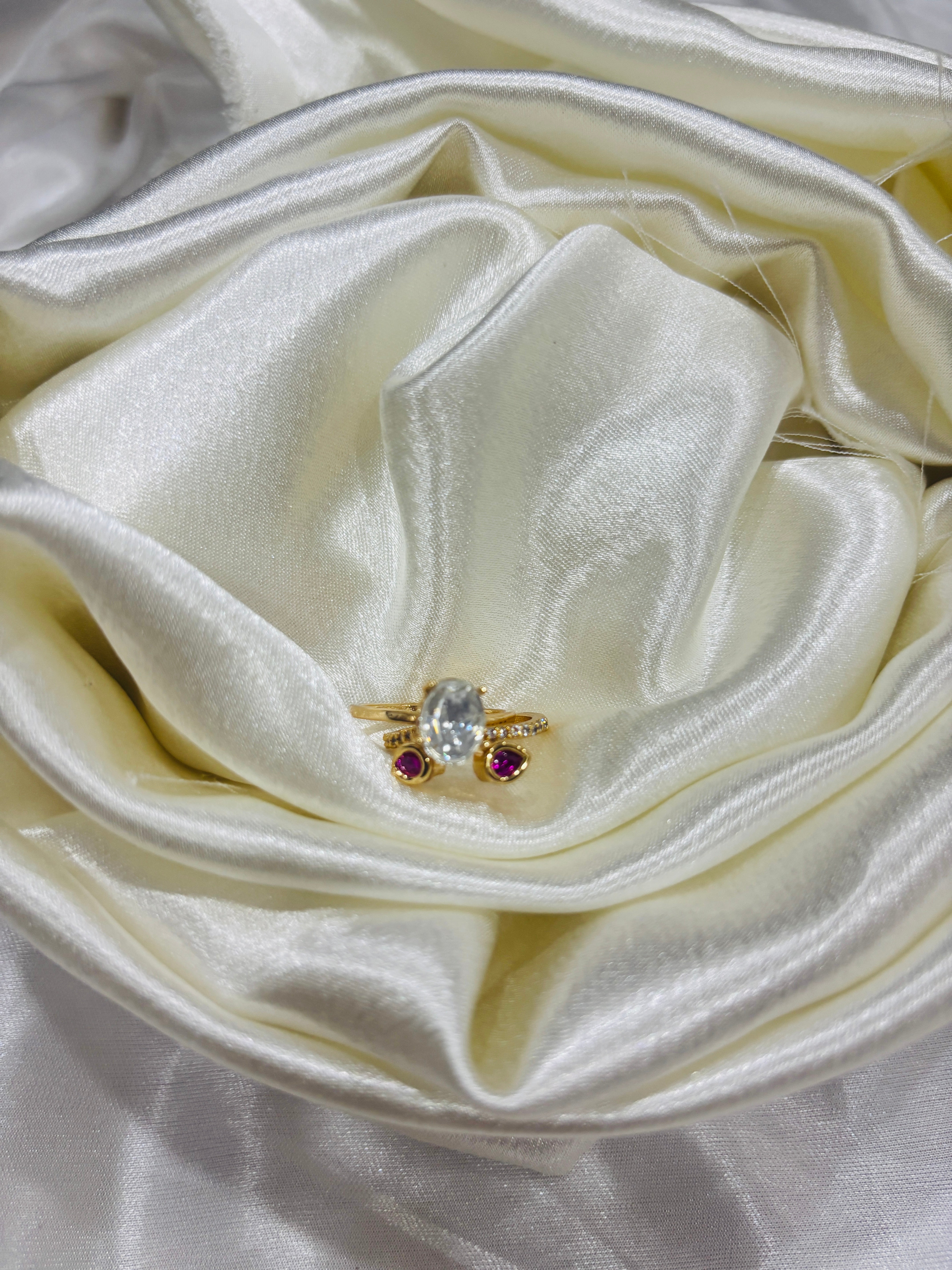 Gold Oval Solitaire Stackable Ring Set with Ruby Pink, green and white Stones