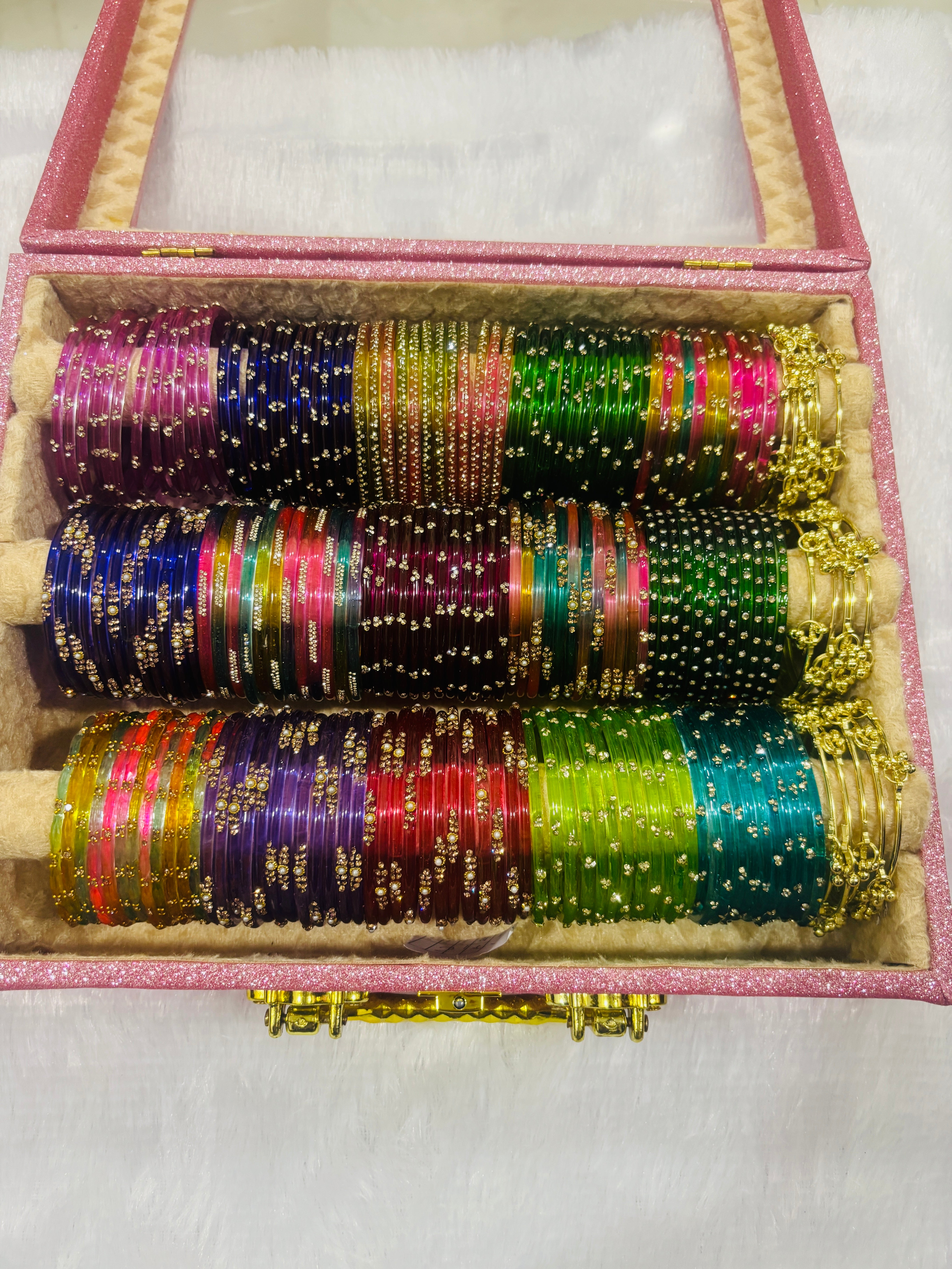 Multicolor Glass Bangle Set in Pink Glitter Bangle Box