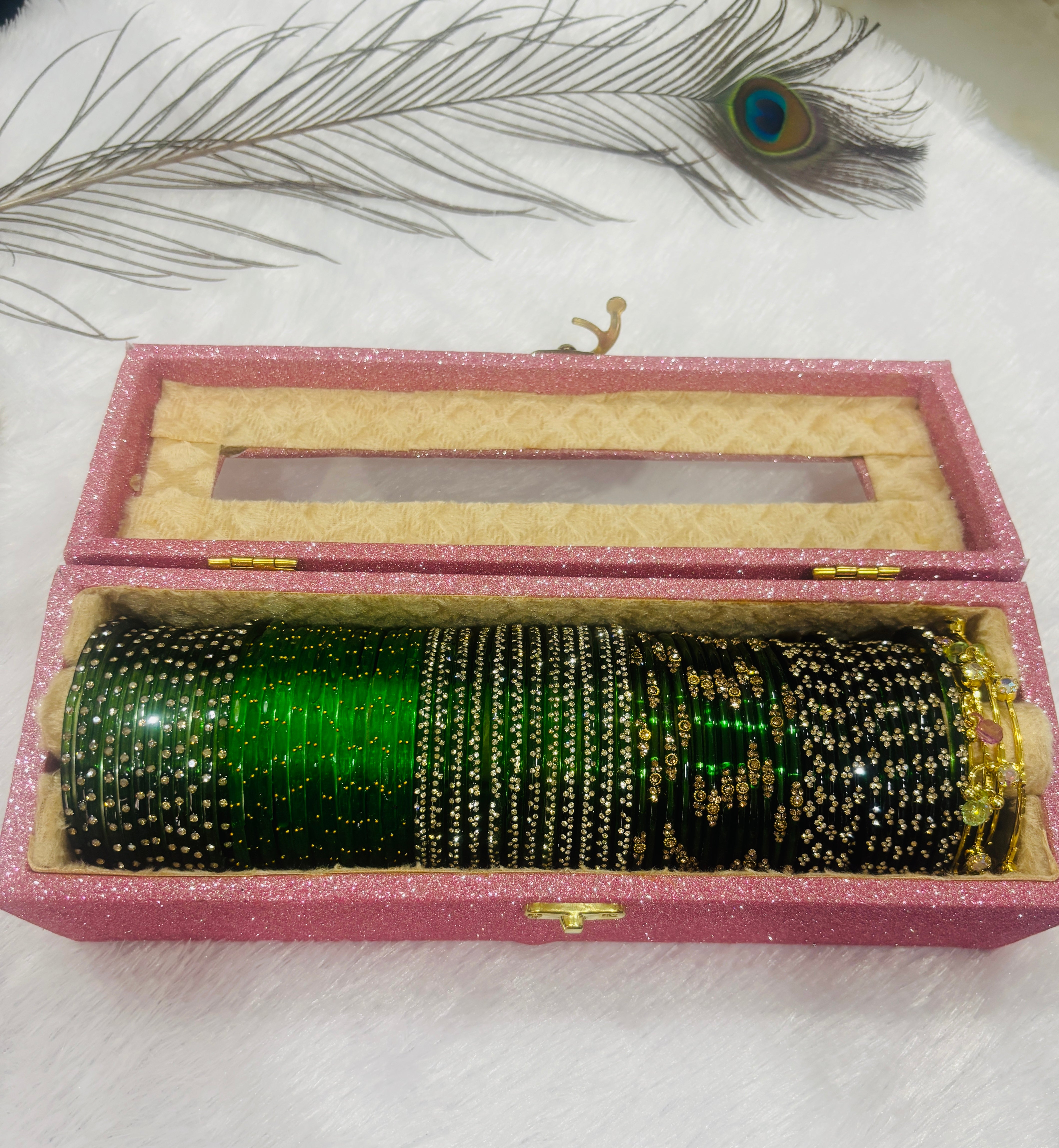 Emerald Green Chuda Set with Golden Kashmiri bangles + Pink Storage Box