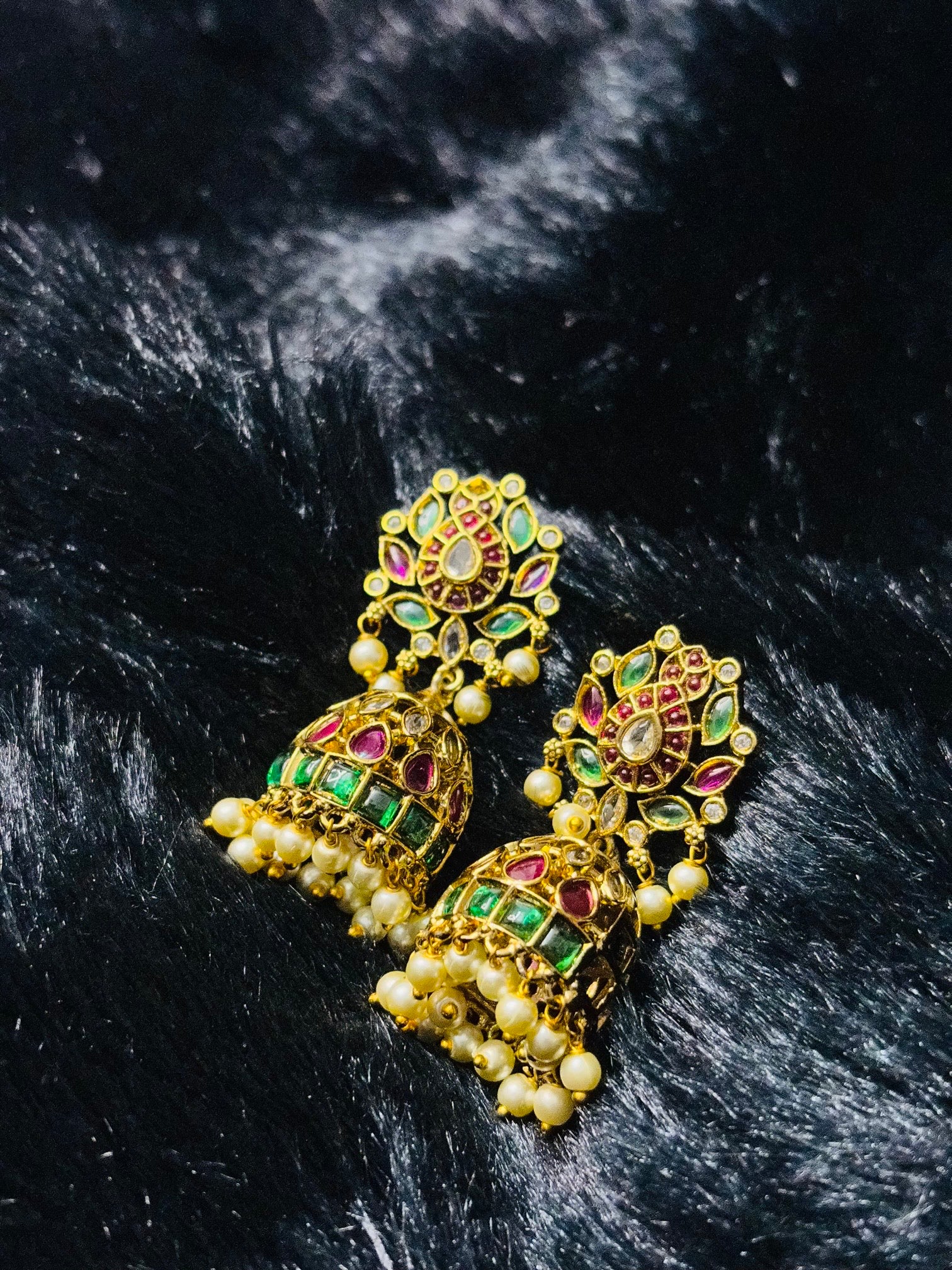 Gold‑Plated Ruby & Emerald Jhumka Earrings with Pearl Trim – Traditional Indian Festive Earrings
