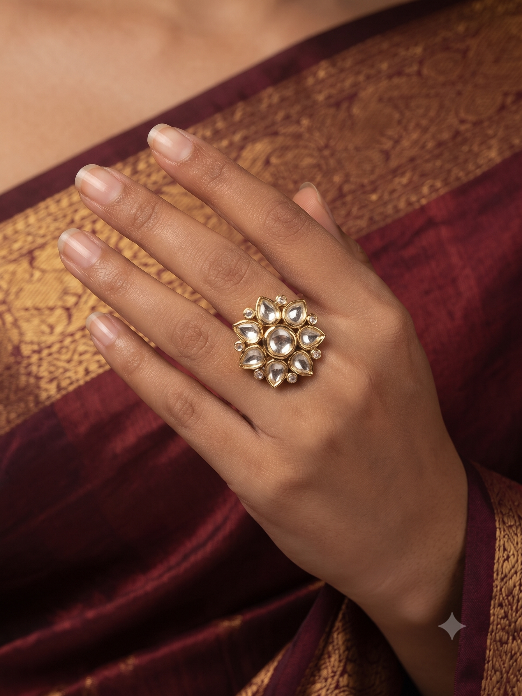 Floral Kundan Statement Adjustable Ring