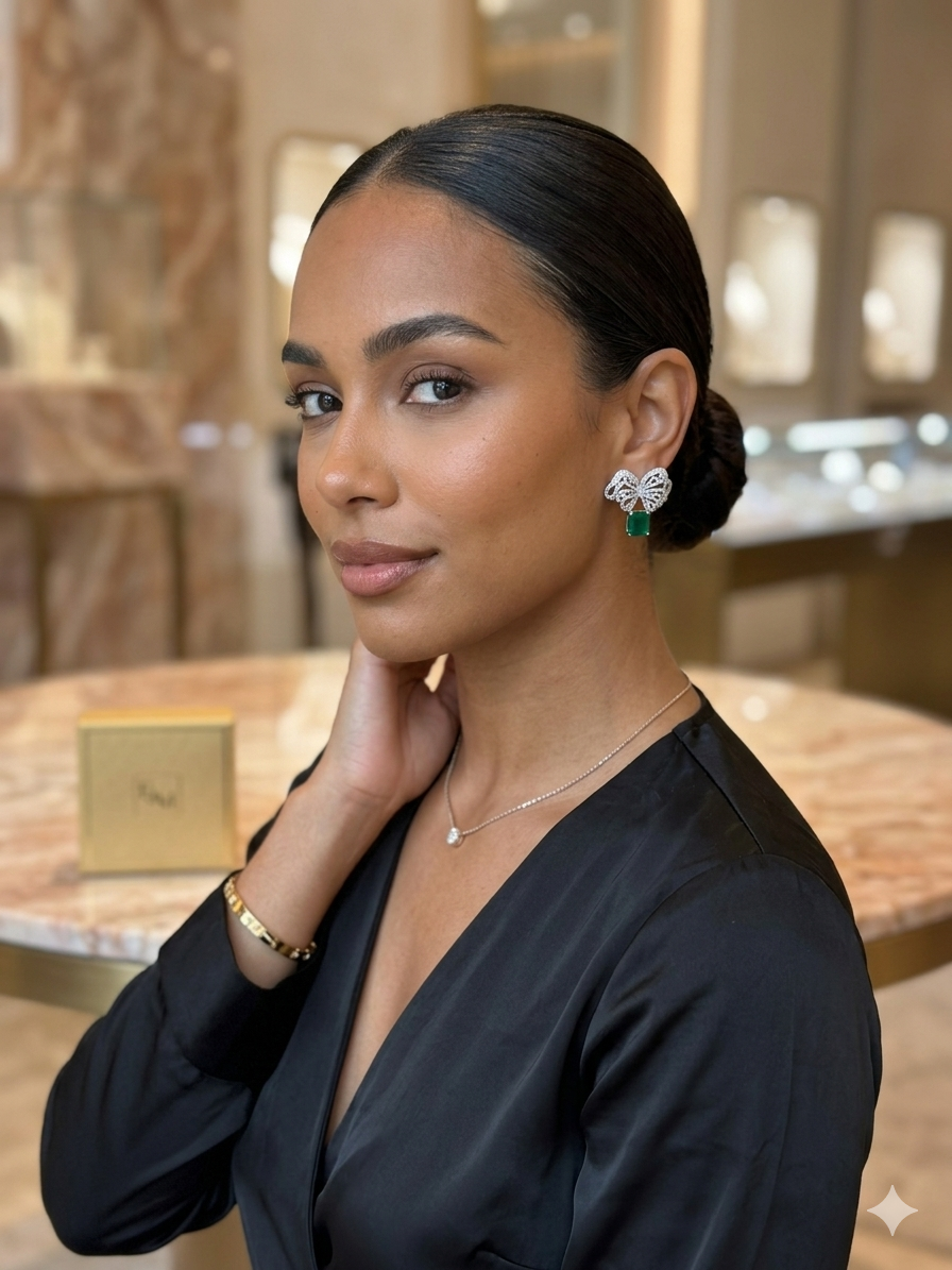 Emerald Bow Drop Earrings – Luxe CZ Statement Studs for Evening Wear