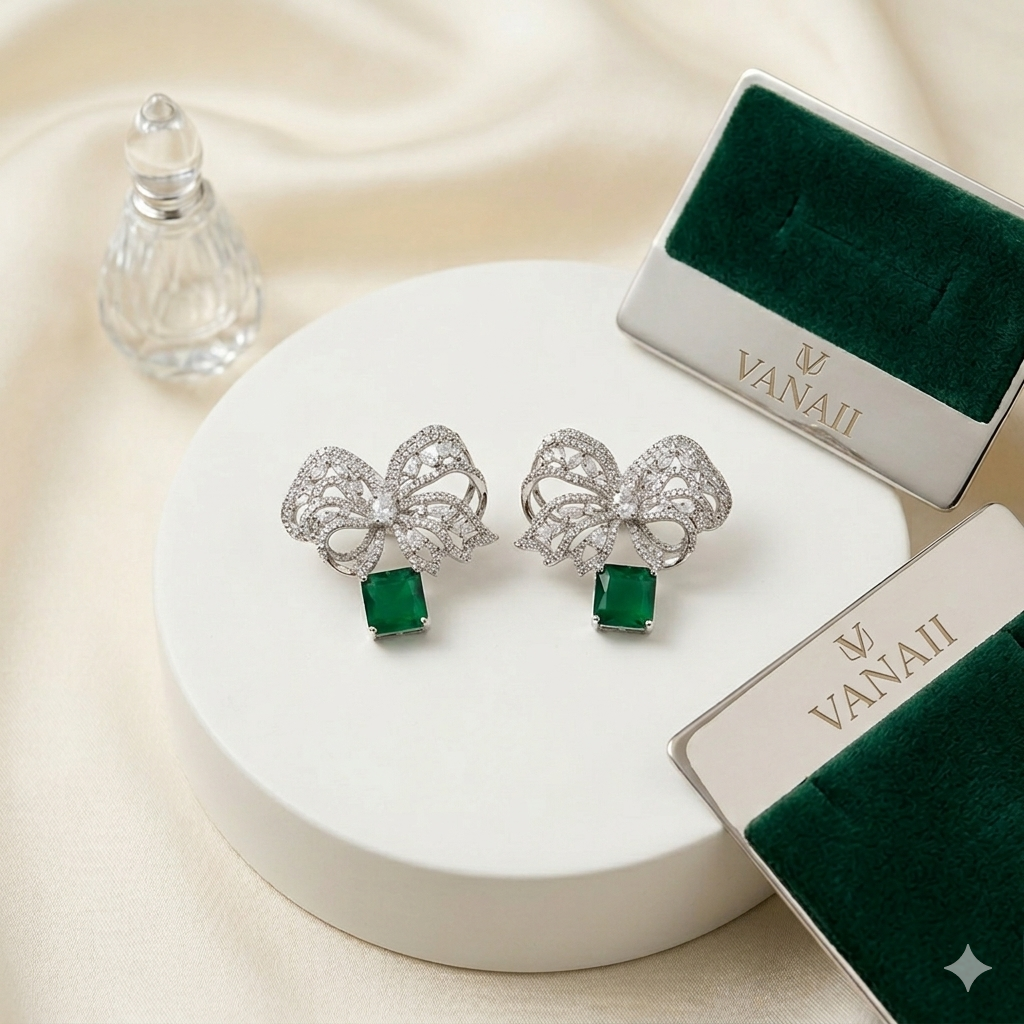 Emerald Bow Drop Earrings – Luxe CZ Statement Studs for Evening Wear